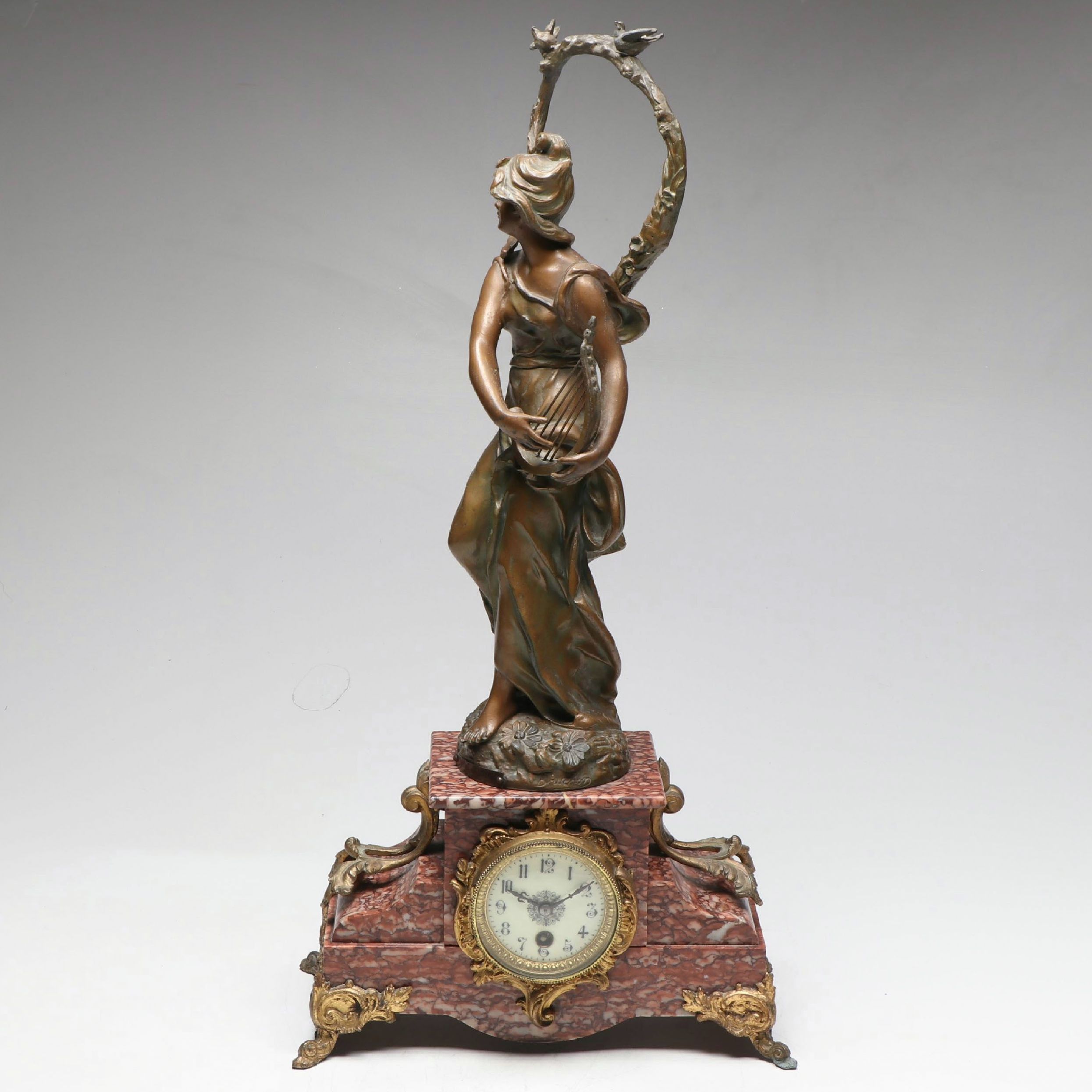French Onyx and Bronzed Metal "Le Reveil Des Oiseaux" After Bruchon Clock