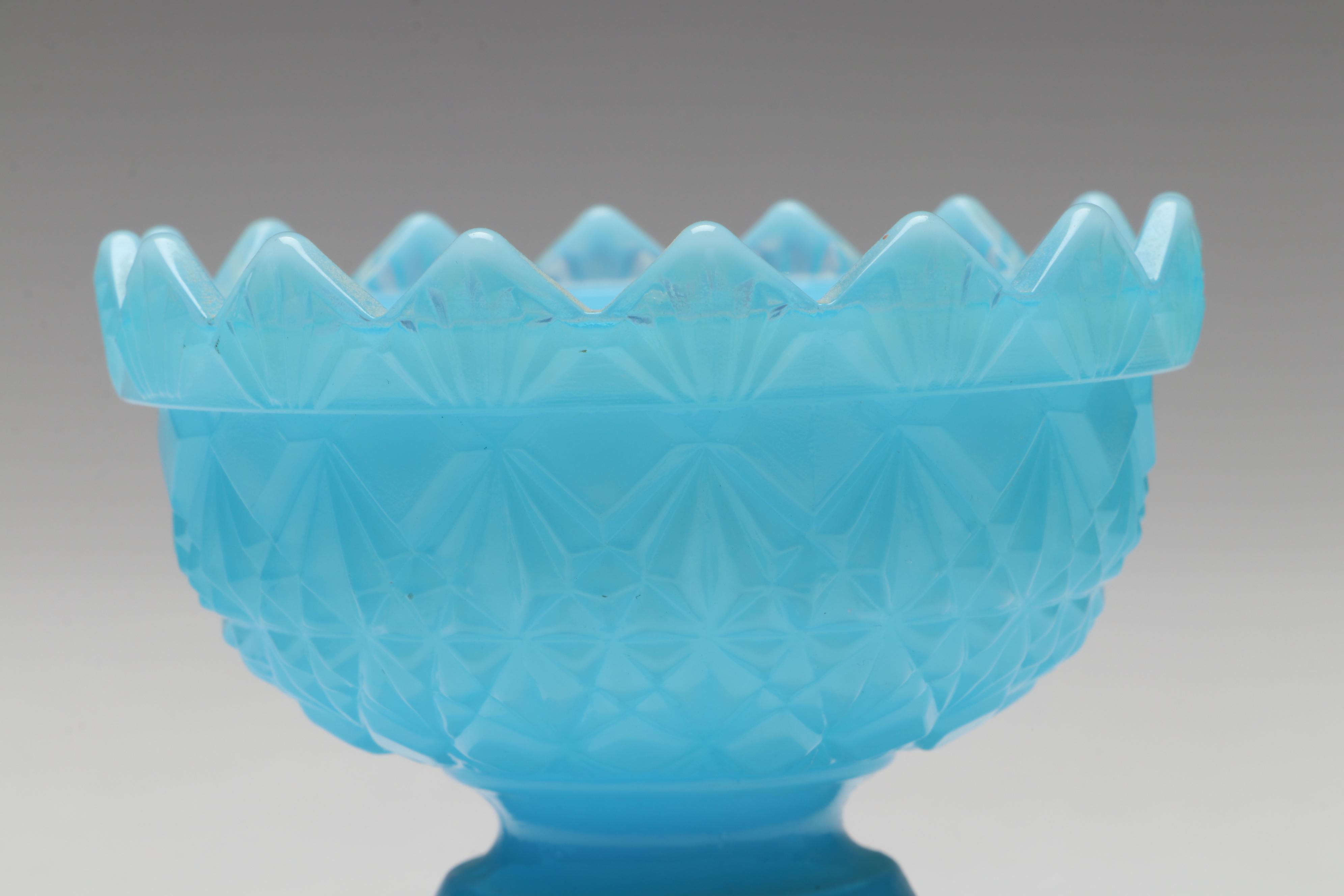 Blue Dolphin Slag Glass Candlesticks with Opaline Fairy Lamp