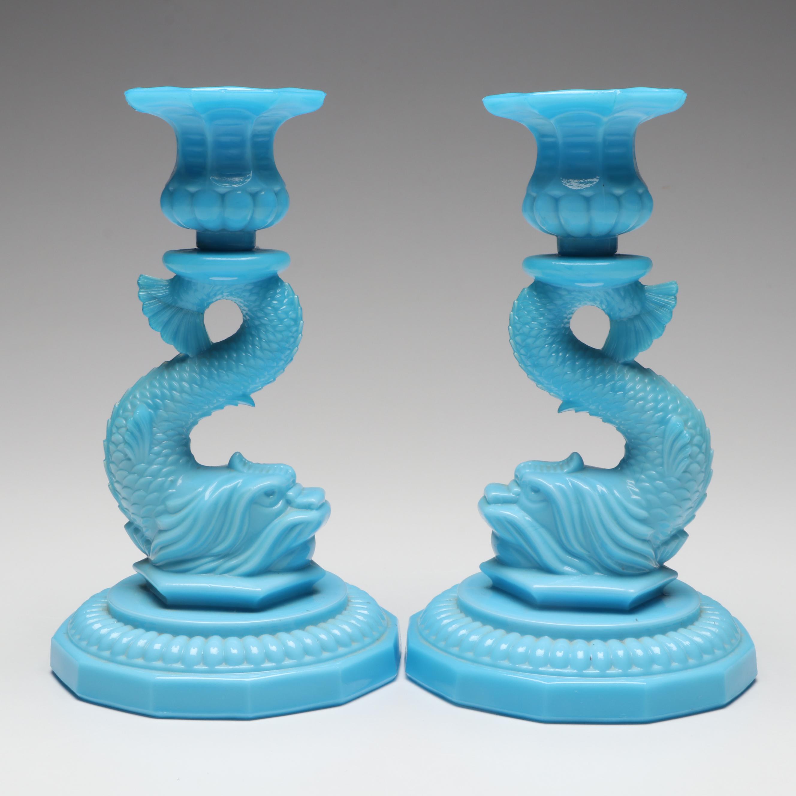 Blue Dolphin Slag Glass Candlesticks with Opaline Fairy Lamp