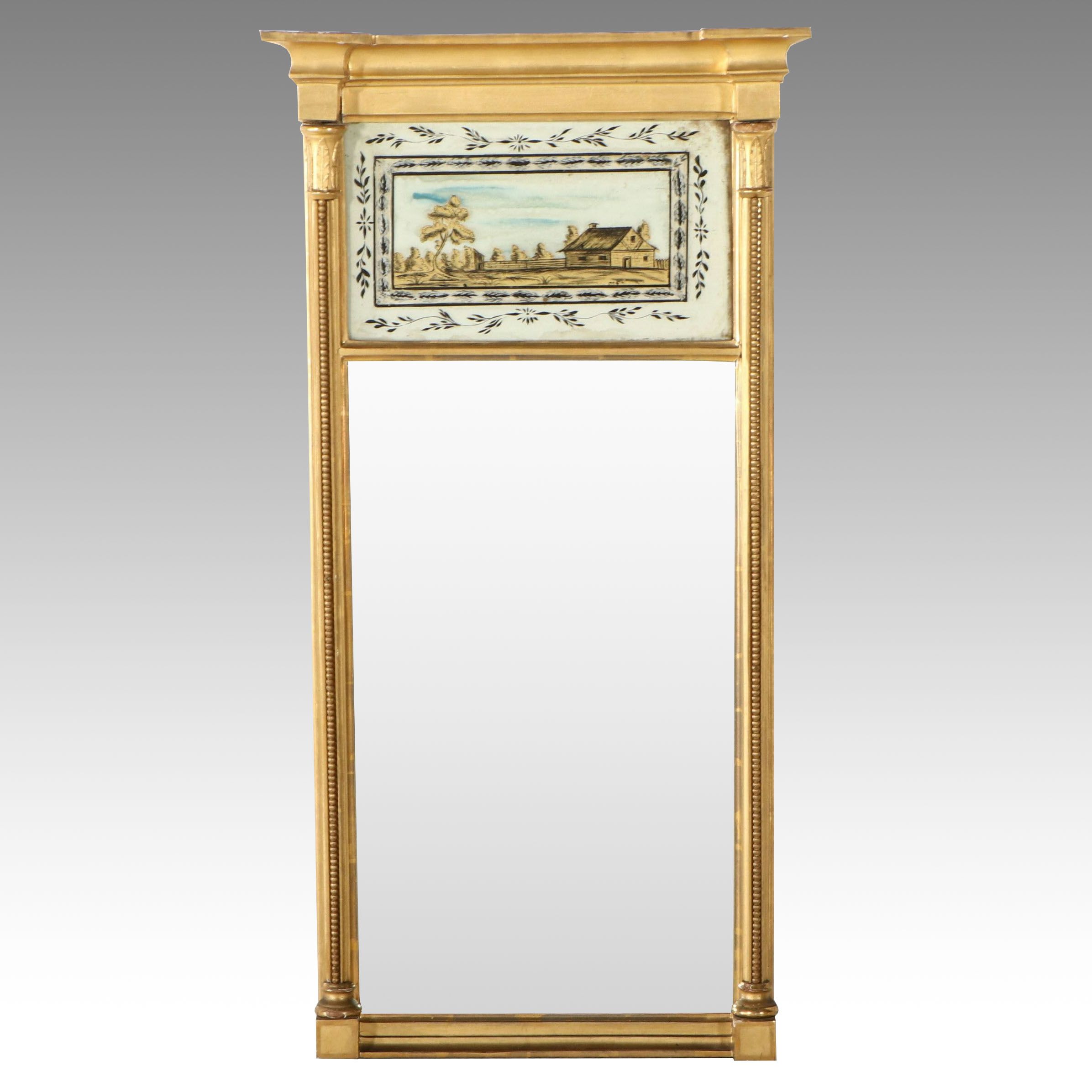 Empire Style Giltwood Trumeau Mirror with Reverse Painted Glass Landscape Scene