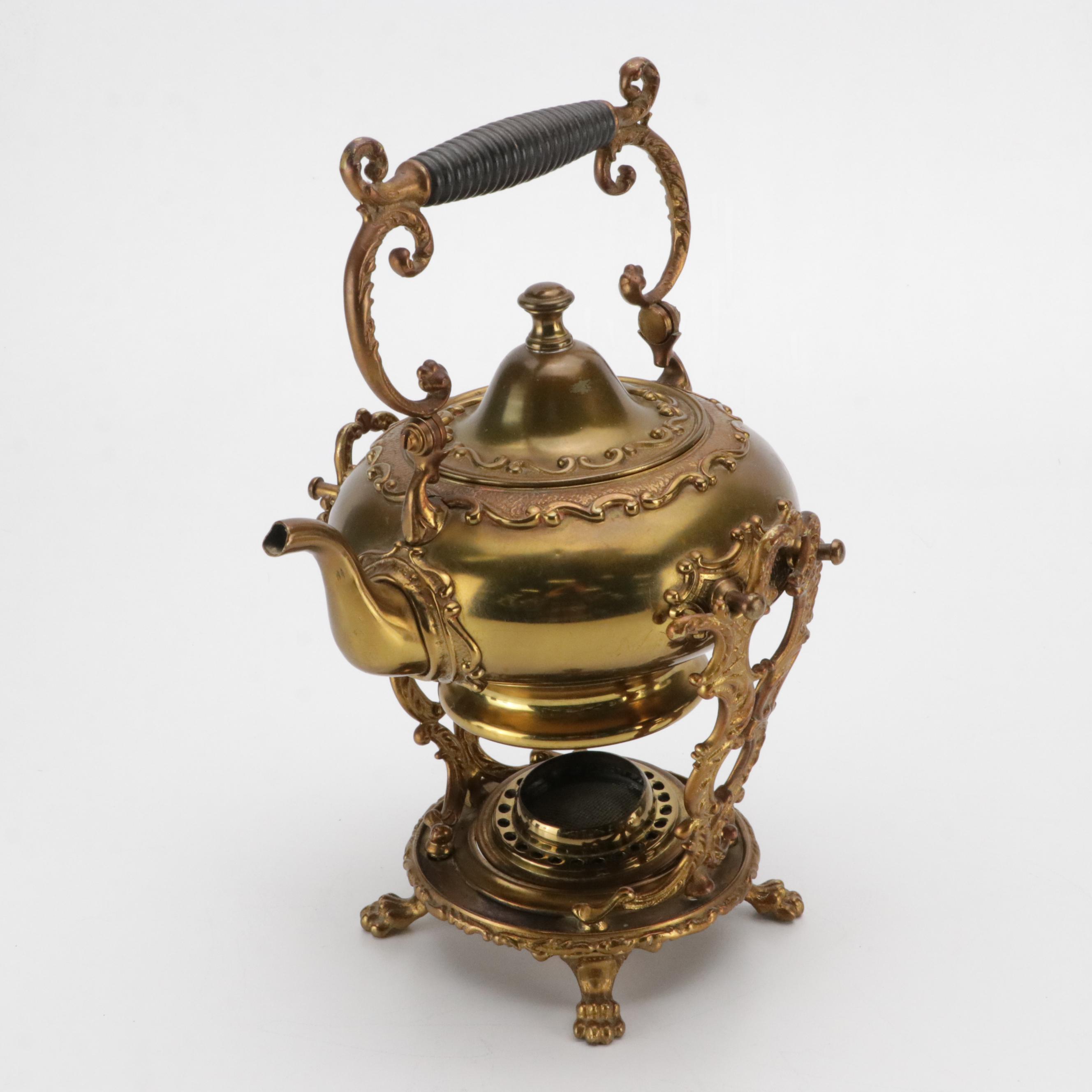 Victorian Brass Plated Kettle on Stand and Hot Water Dispenser