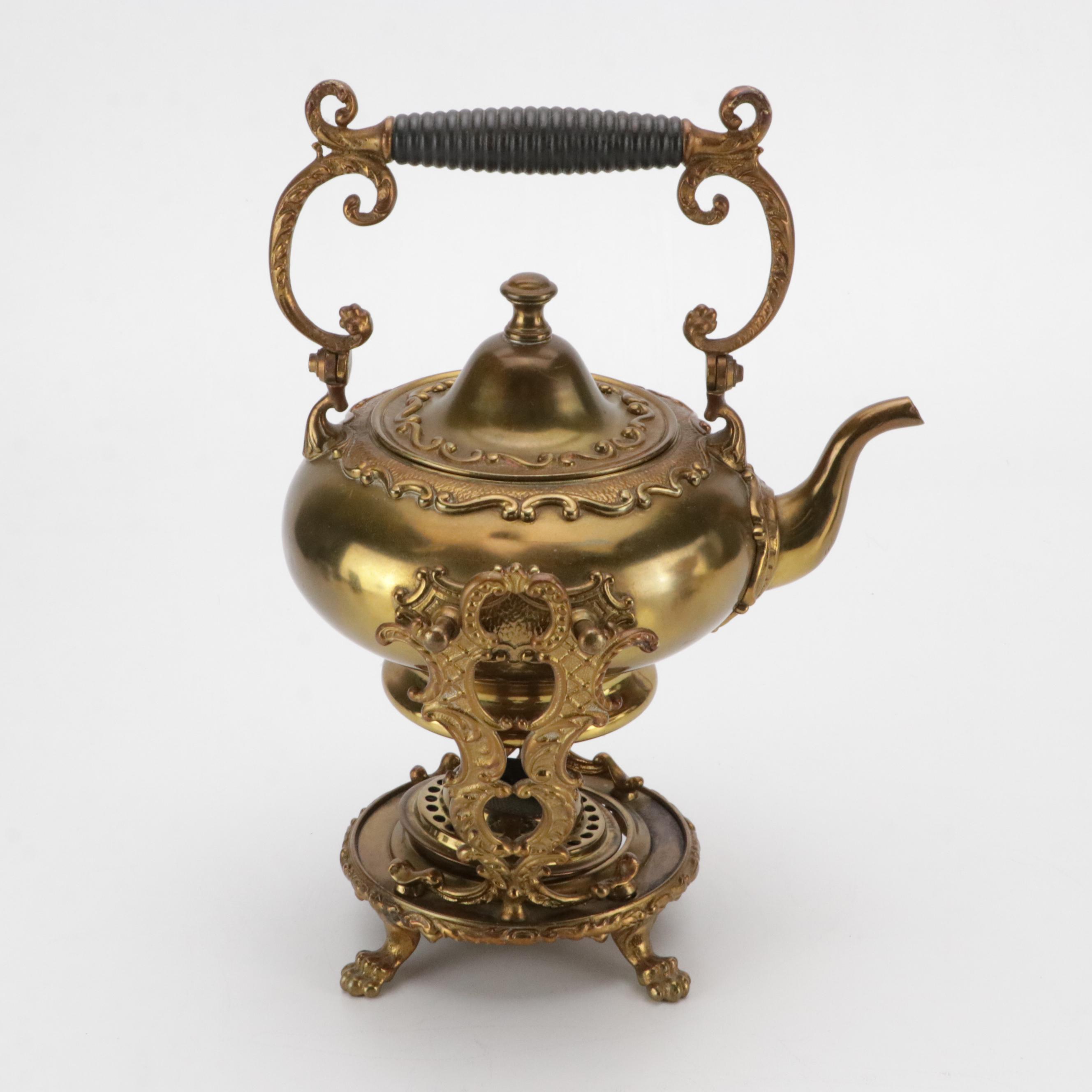 Victorian Brass Plated Kettle on Stand and Hot Water Dispenser