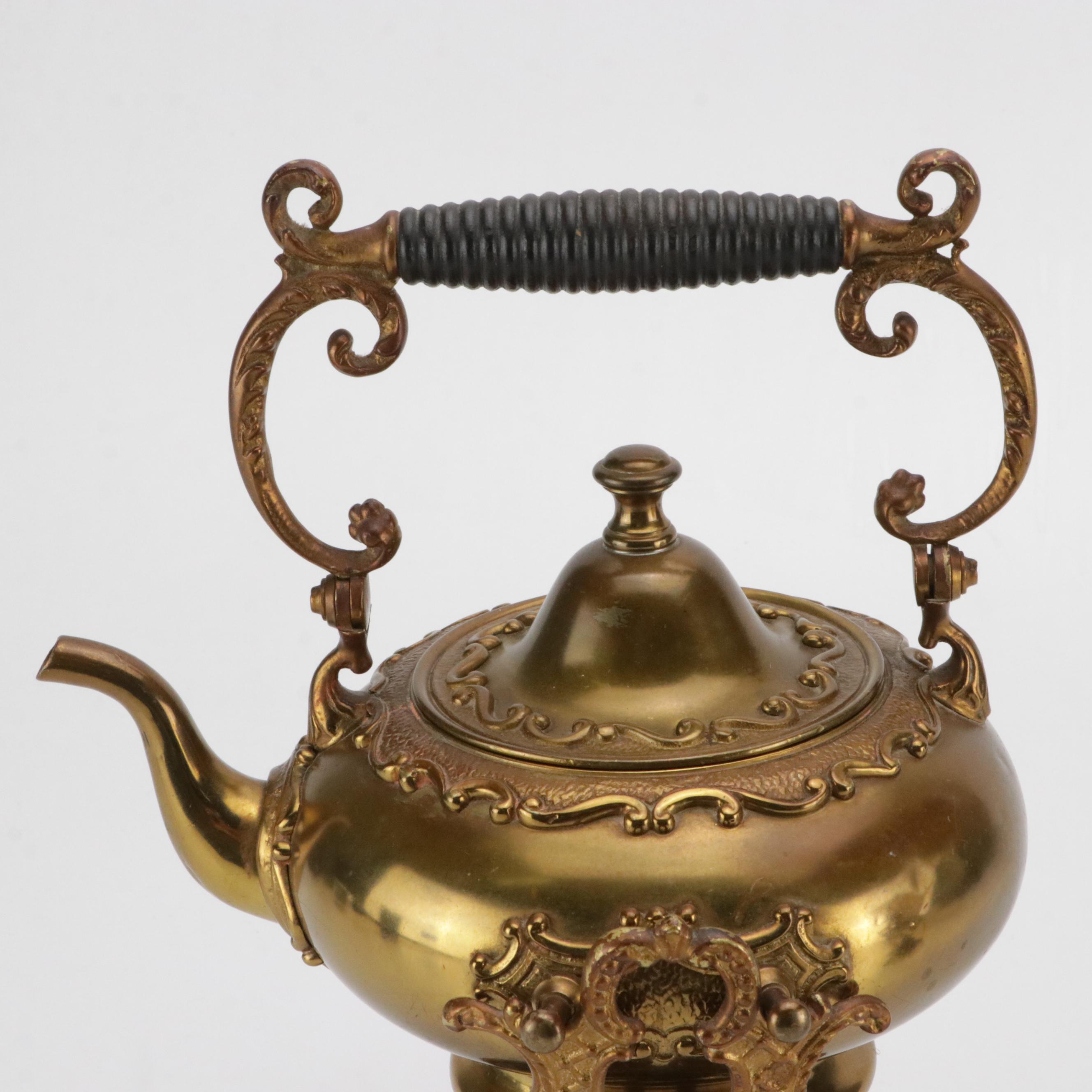 Victorian Brass Plated Kettle on Stand and Hot Water Dispenser