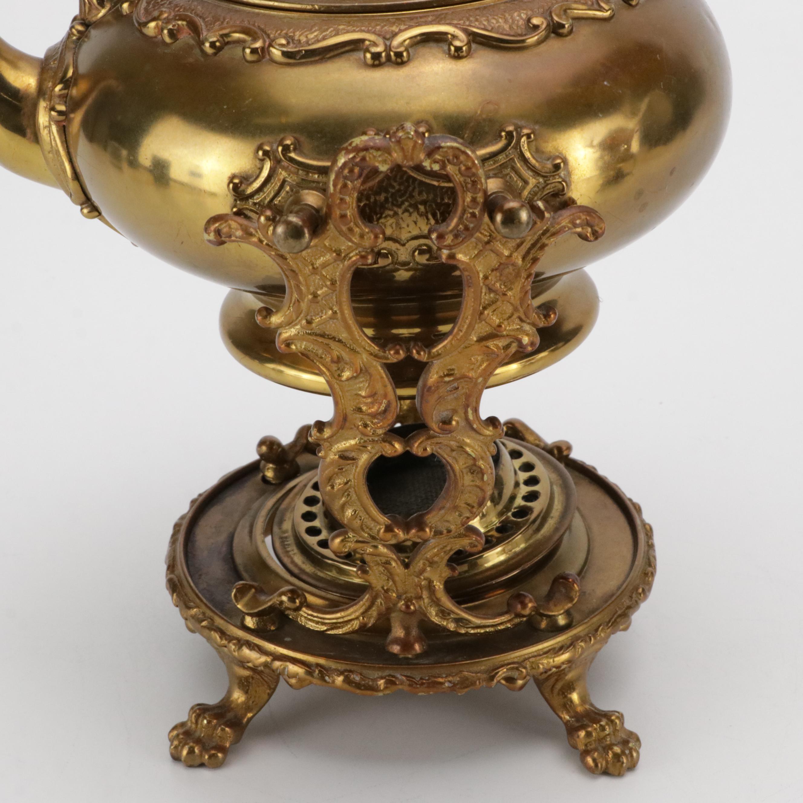 Victorian Brass Plated Kettle on Stand and Hot Water Dispenser