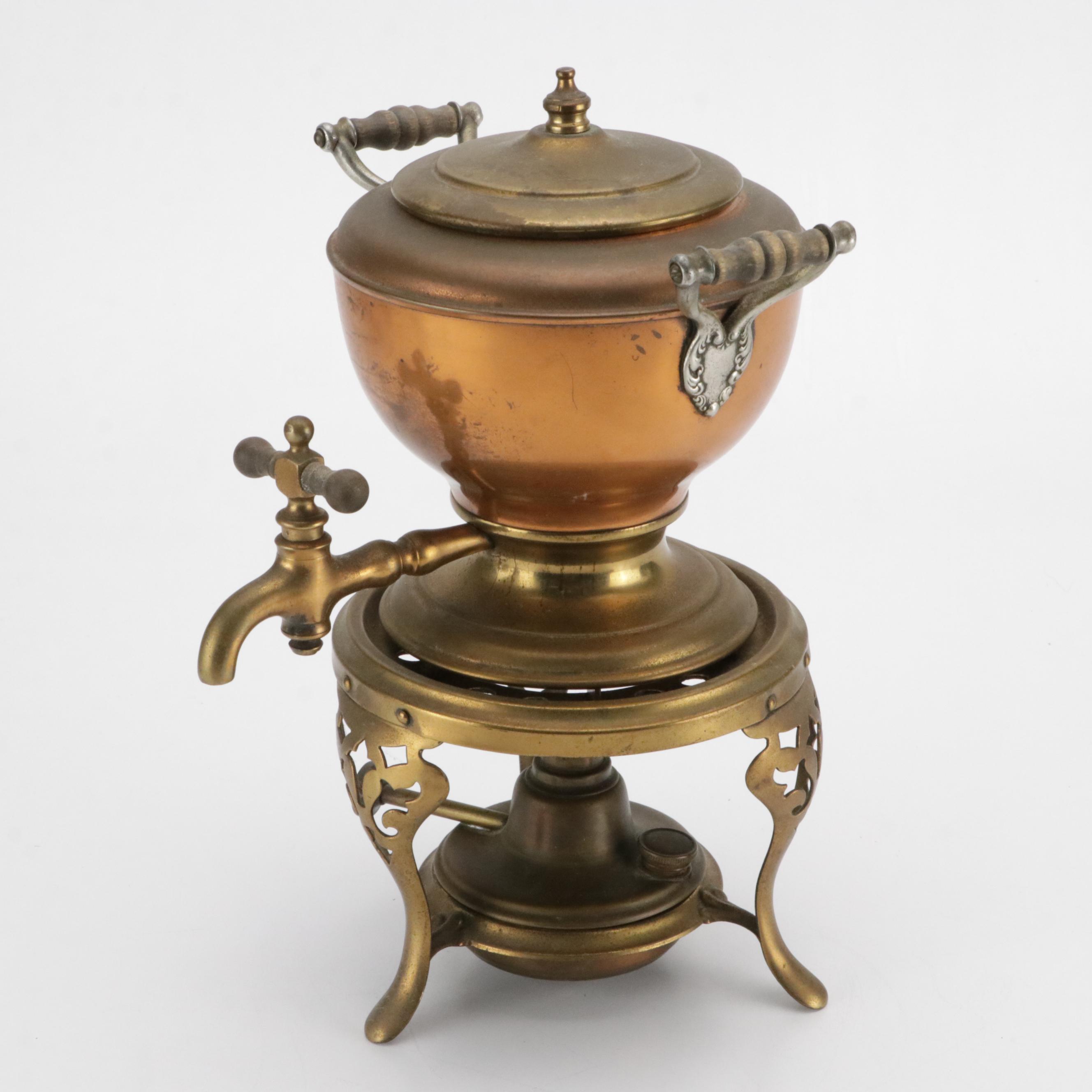 Victorian Brass Plated Kettle on Stand and Hot Water Dispenser