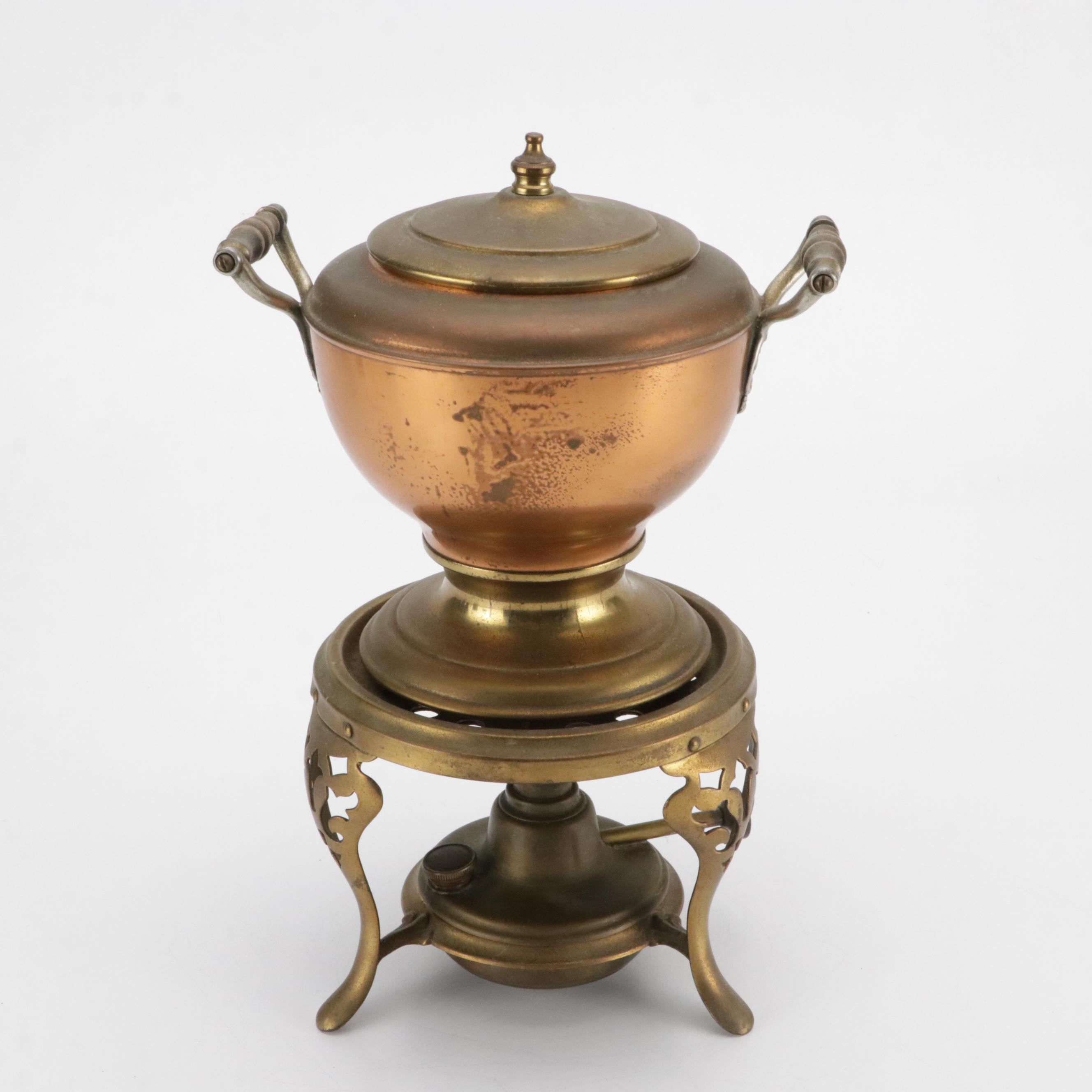 Victorian Brass Plated Kettle on Stand and Hot Water Dispenser