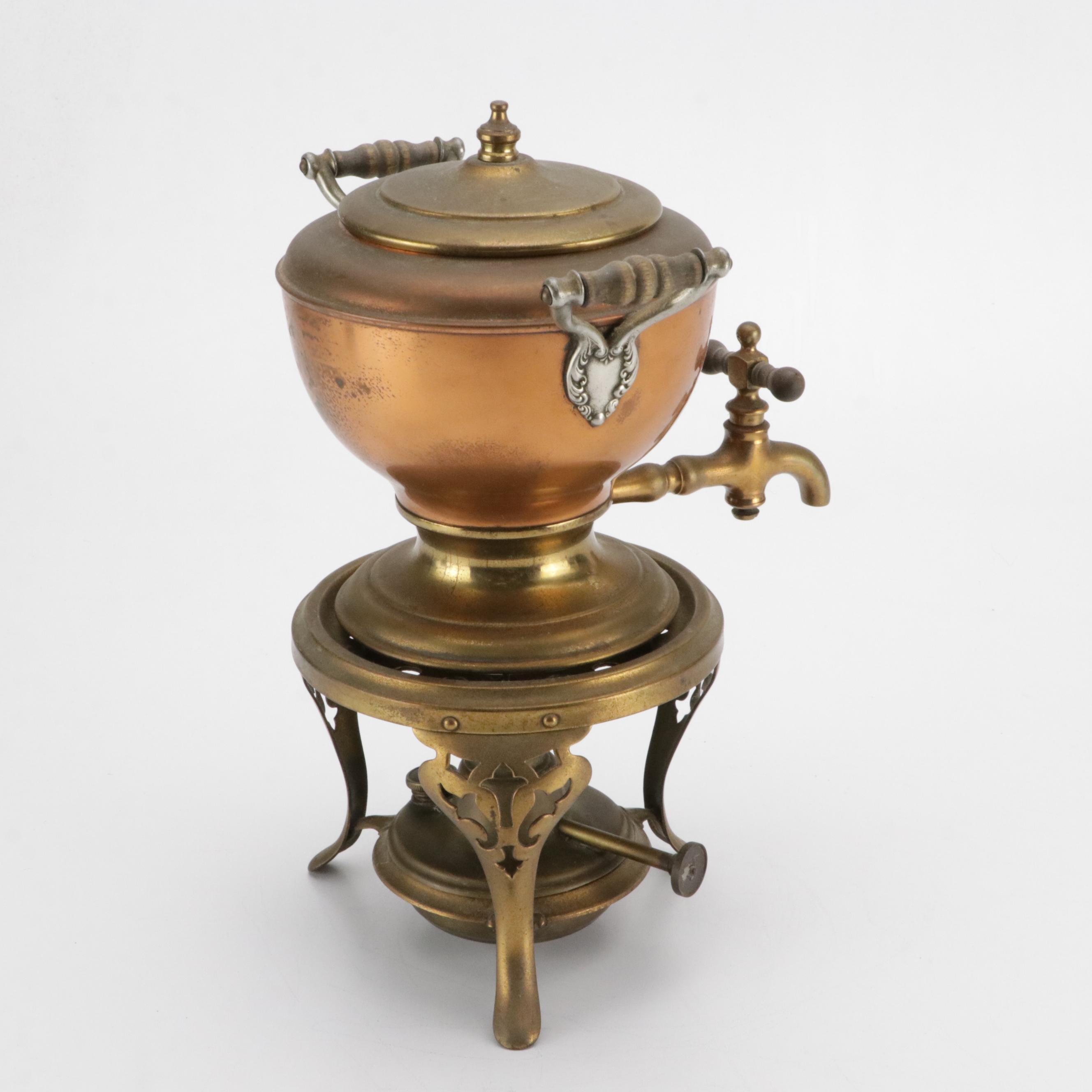 Victorian Brass Plated Kettle on Stand and Hot Water Dispenser