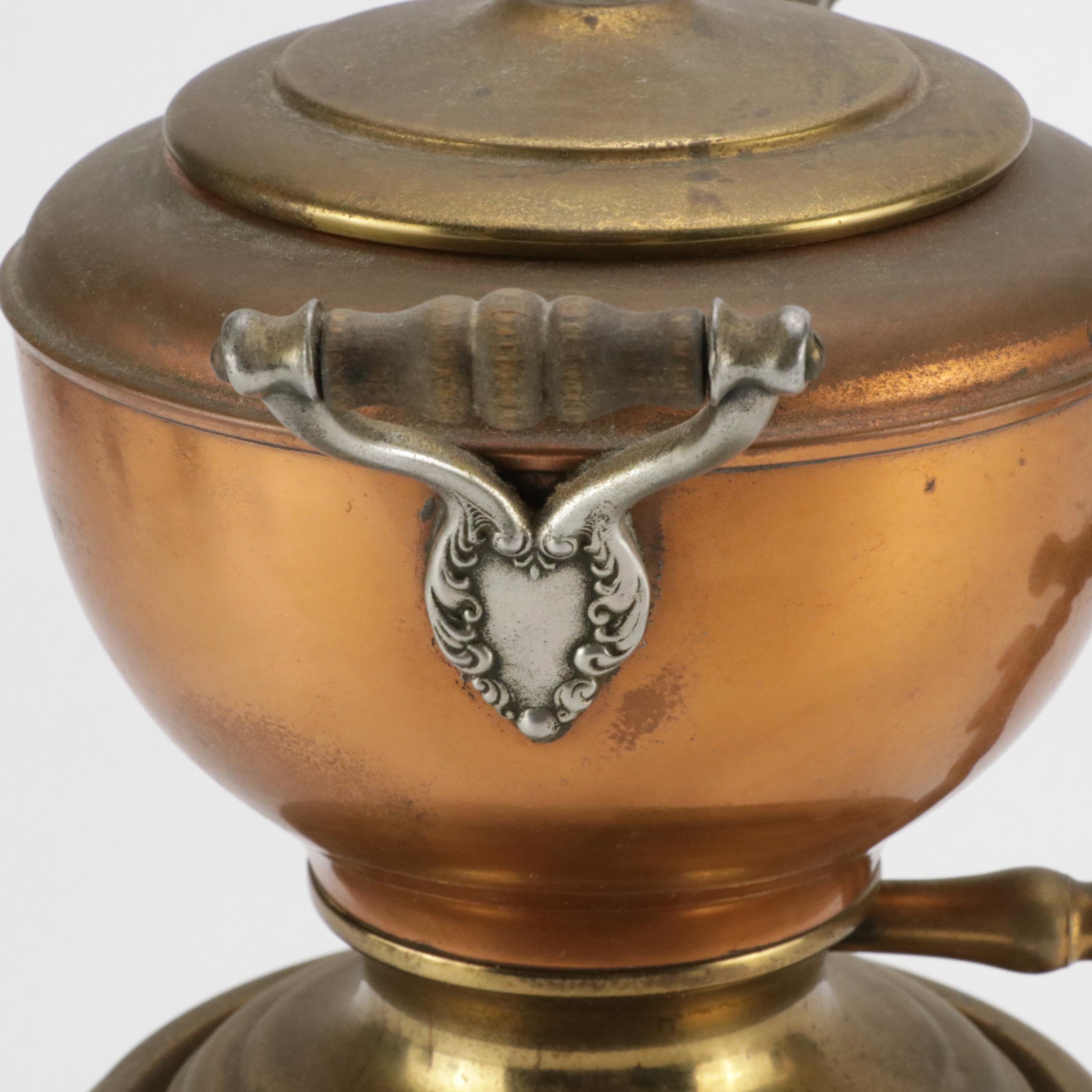 Victorian Brass Plated Kettle on Stand and Hot Water Dispenser