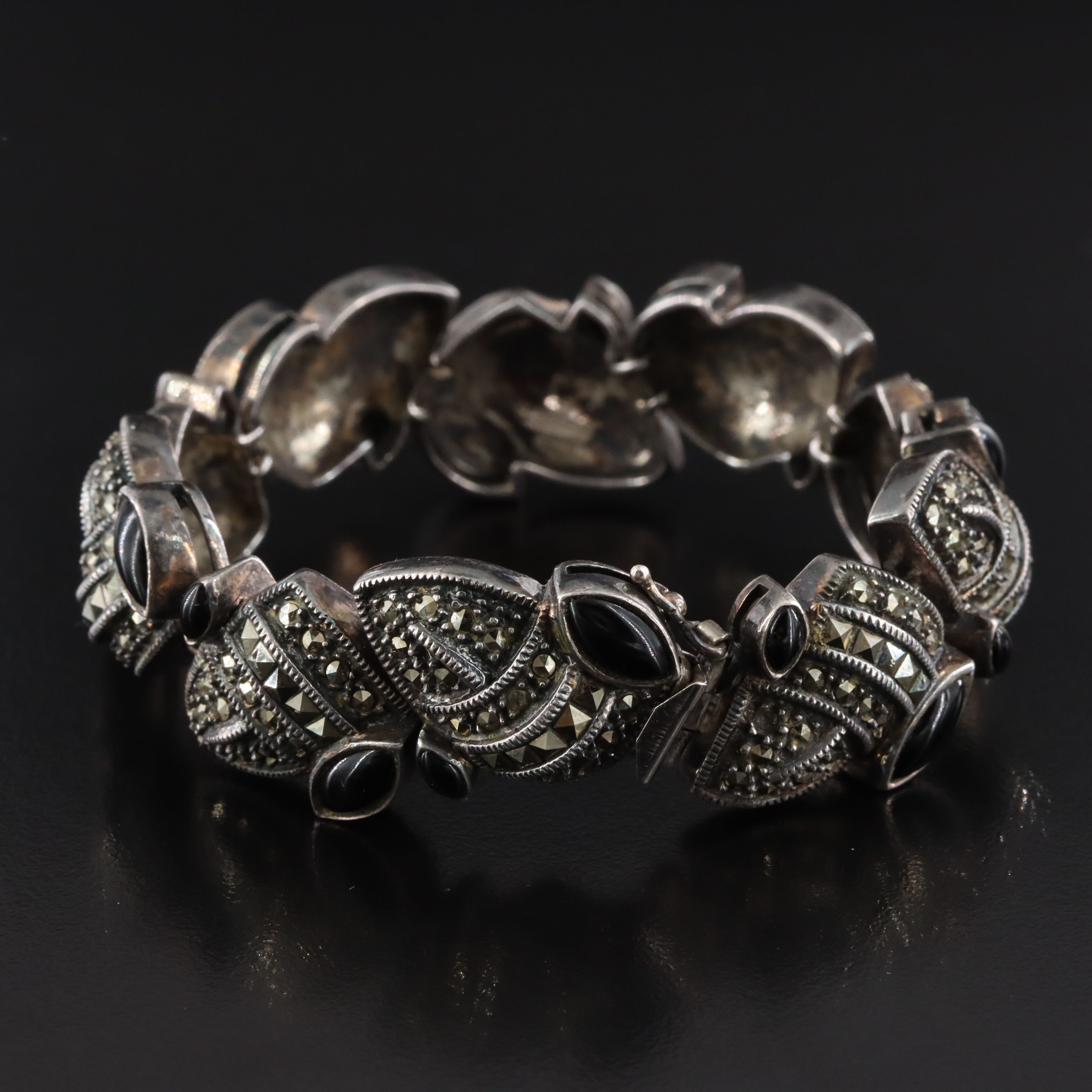 Judith Jack Sterling Bracelet with Marcasites and Black Onyx