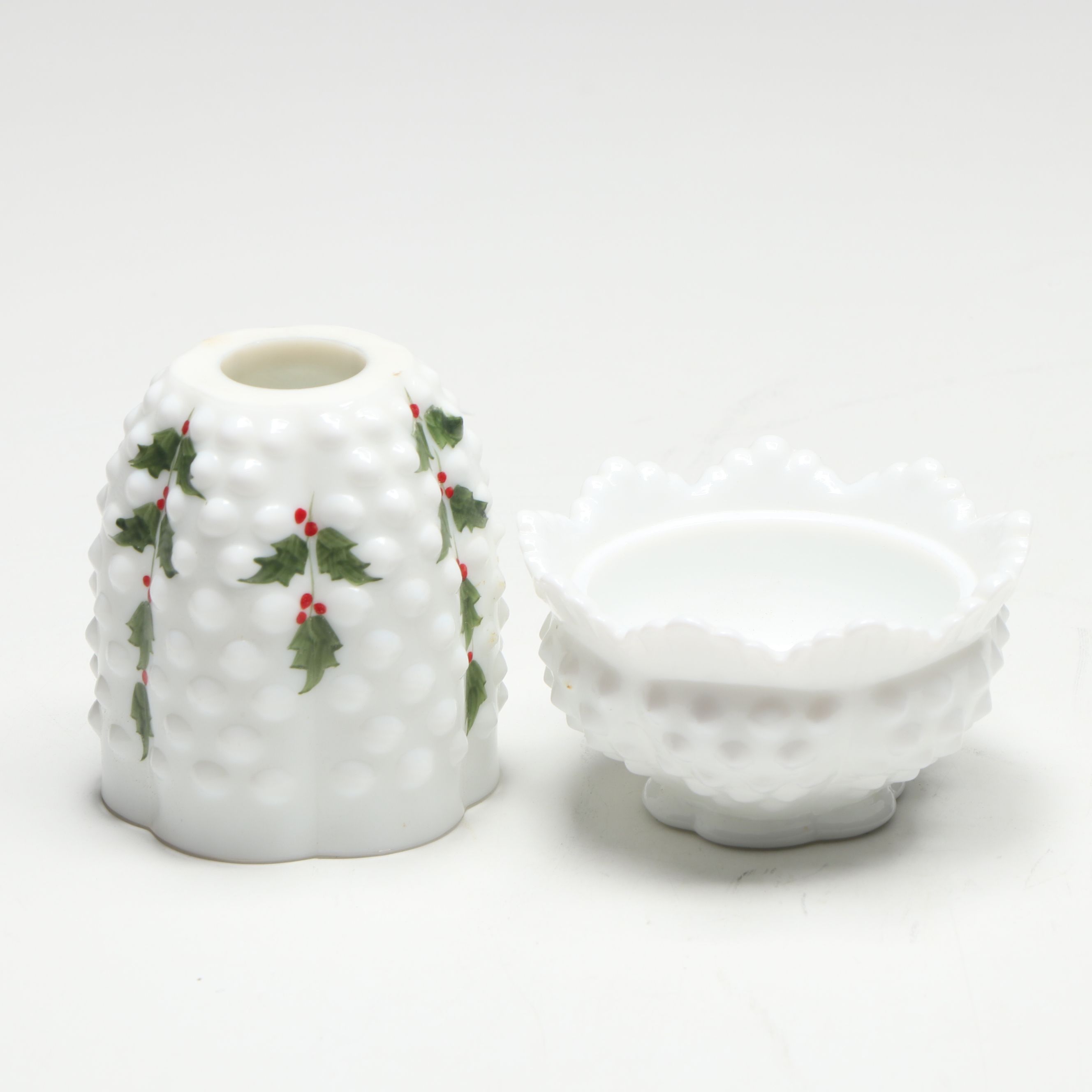 Fenton Hobnail Milk Glass "Holly Berry" Fairy Lamp with Other Glass Fairy Lamps