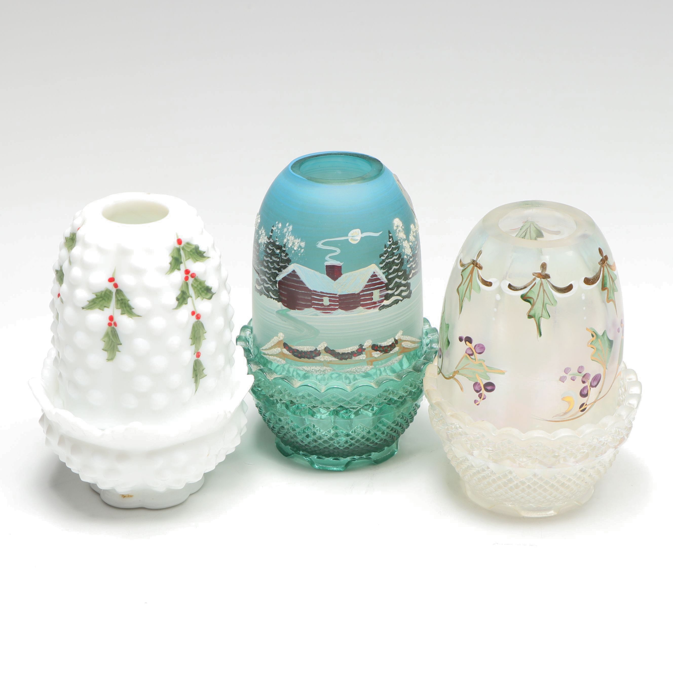 Fenton Hobnail Milk Glass "Holly Berry" Fairy Lamp with Other Glass Fairy Lamps