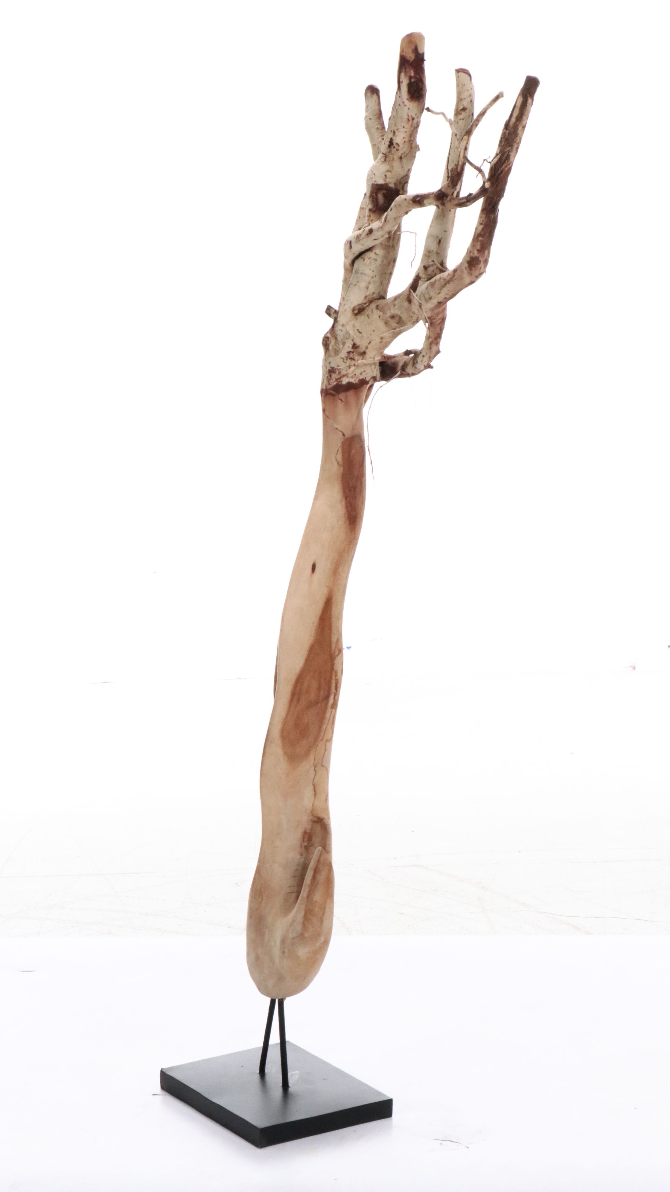 Abstract Partially Carved Wood Sculpture on Metal Base