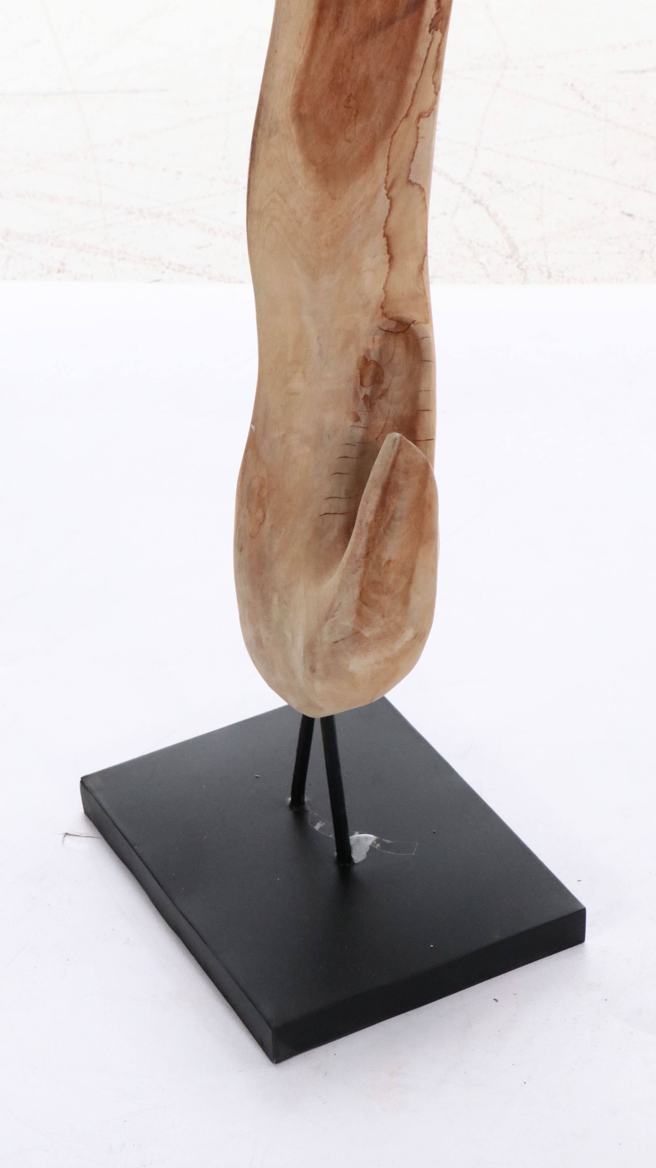 Abstract Partially Carved Wood Sculpture on Metal Base
