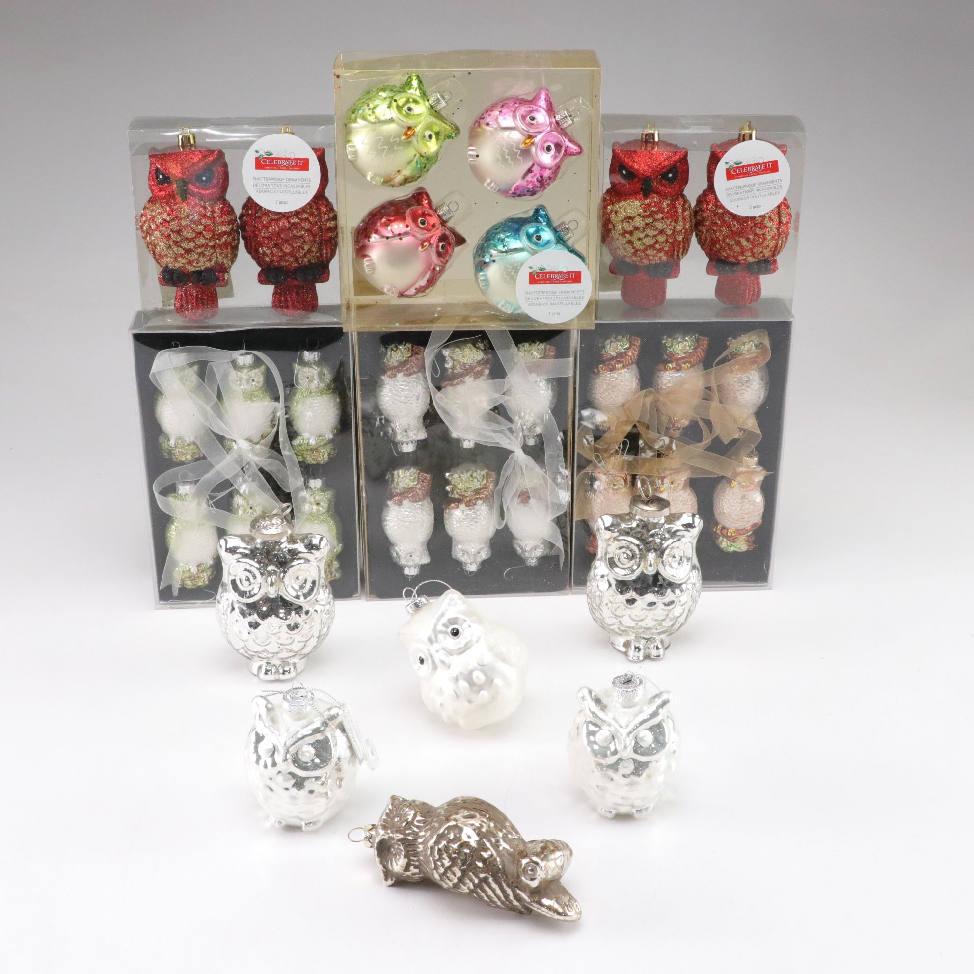 Glass and Glitter Owl Ornament Collection