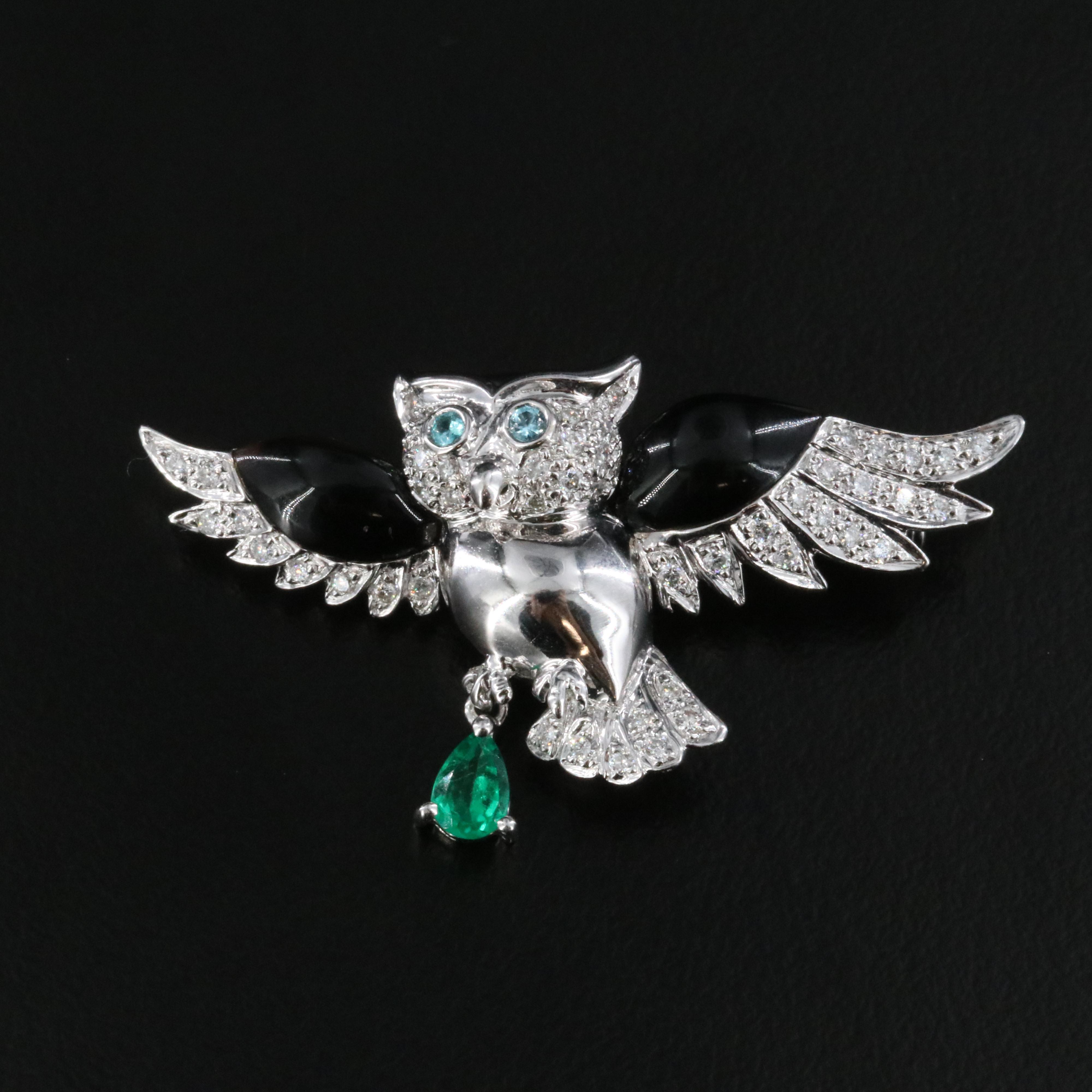 18K Emerald, Diamond, Aquamarine and Black Onyx Owl Brooch with 14K Stem