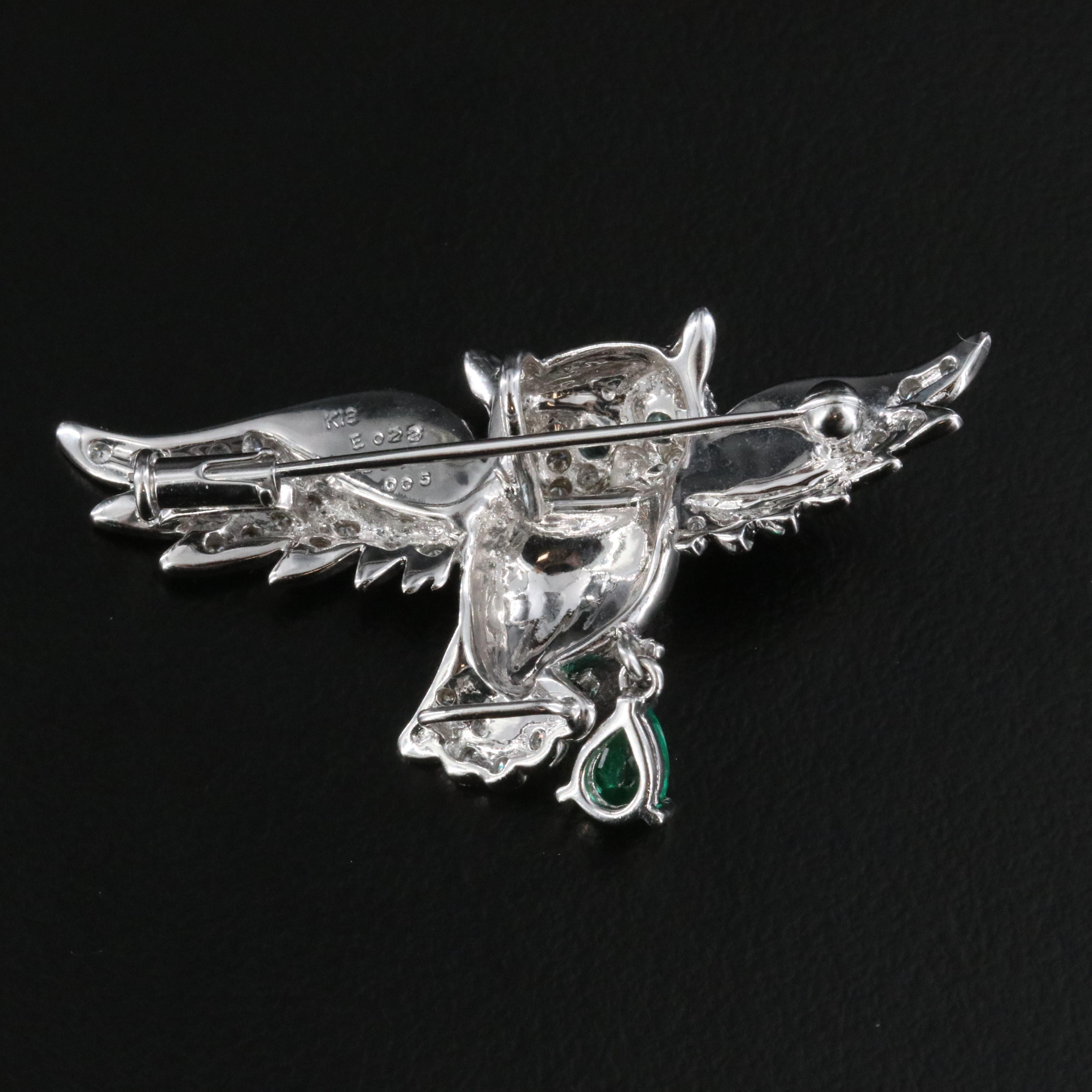 18K Emerald, Diamond, Aquamarine and Black Onyx Owl Brooch with 14K Stem