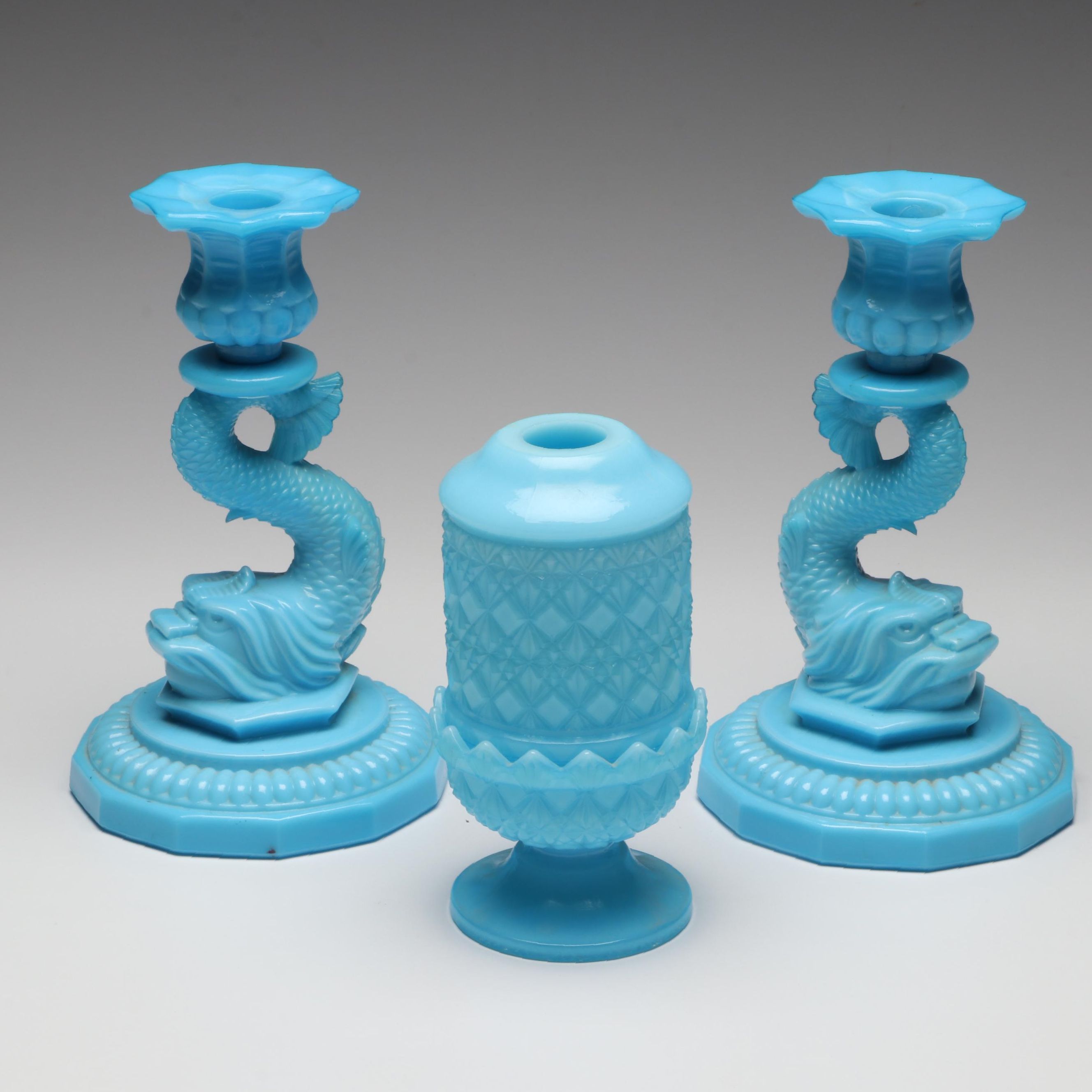 Blue Dolphin Slag Glass Candlesticks with Opaline Fairy Lamp