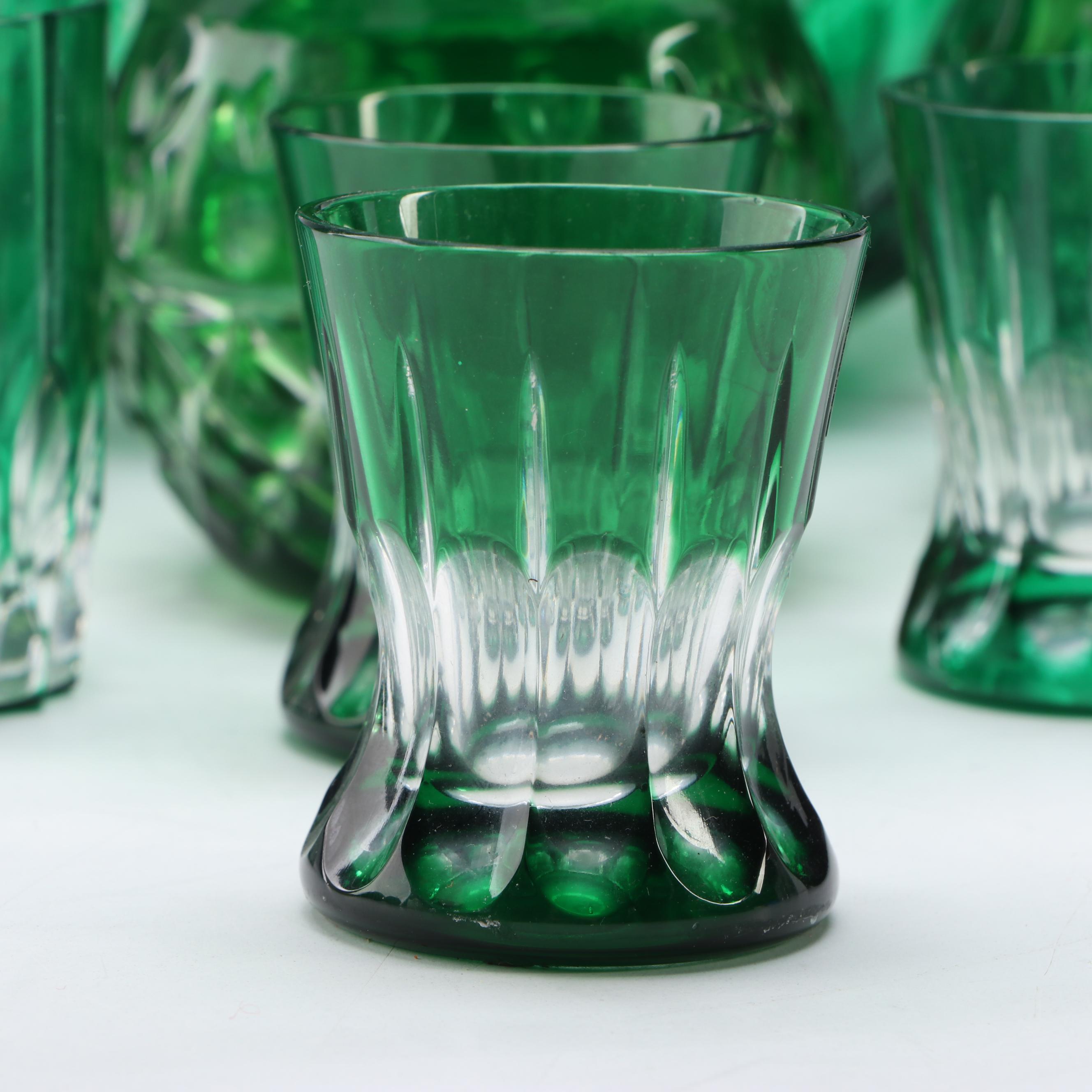 Hungarian Cut to Clear Emerald Vase with Crystal Glasses and Table Accessories