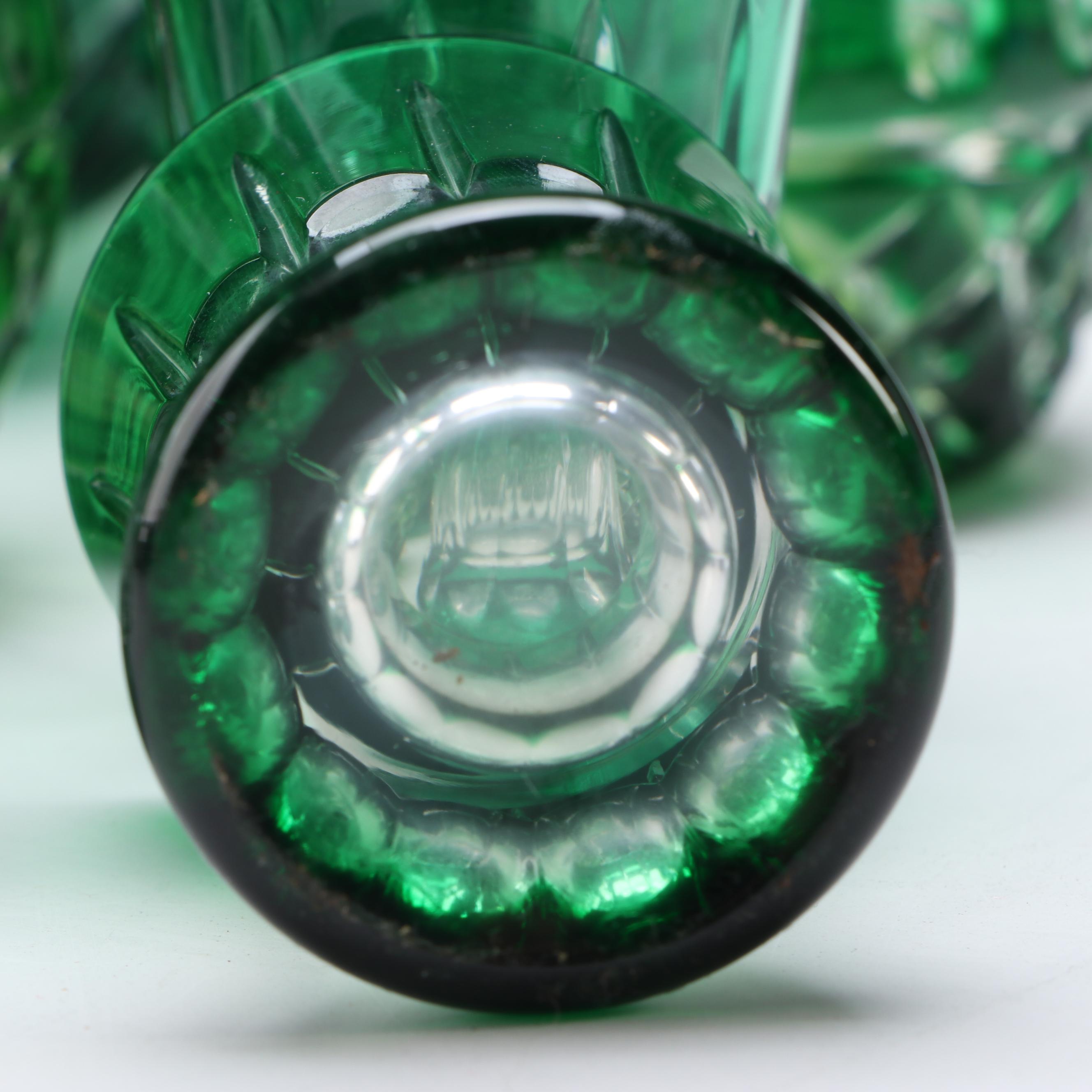 Hungarian Cut to Clear Emerald Vase with Crystal Glasses and Table Accessories