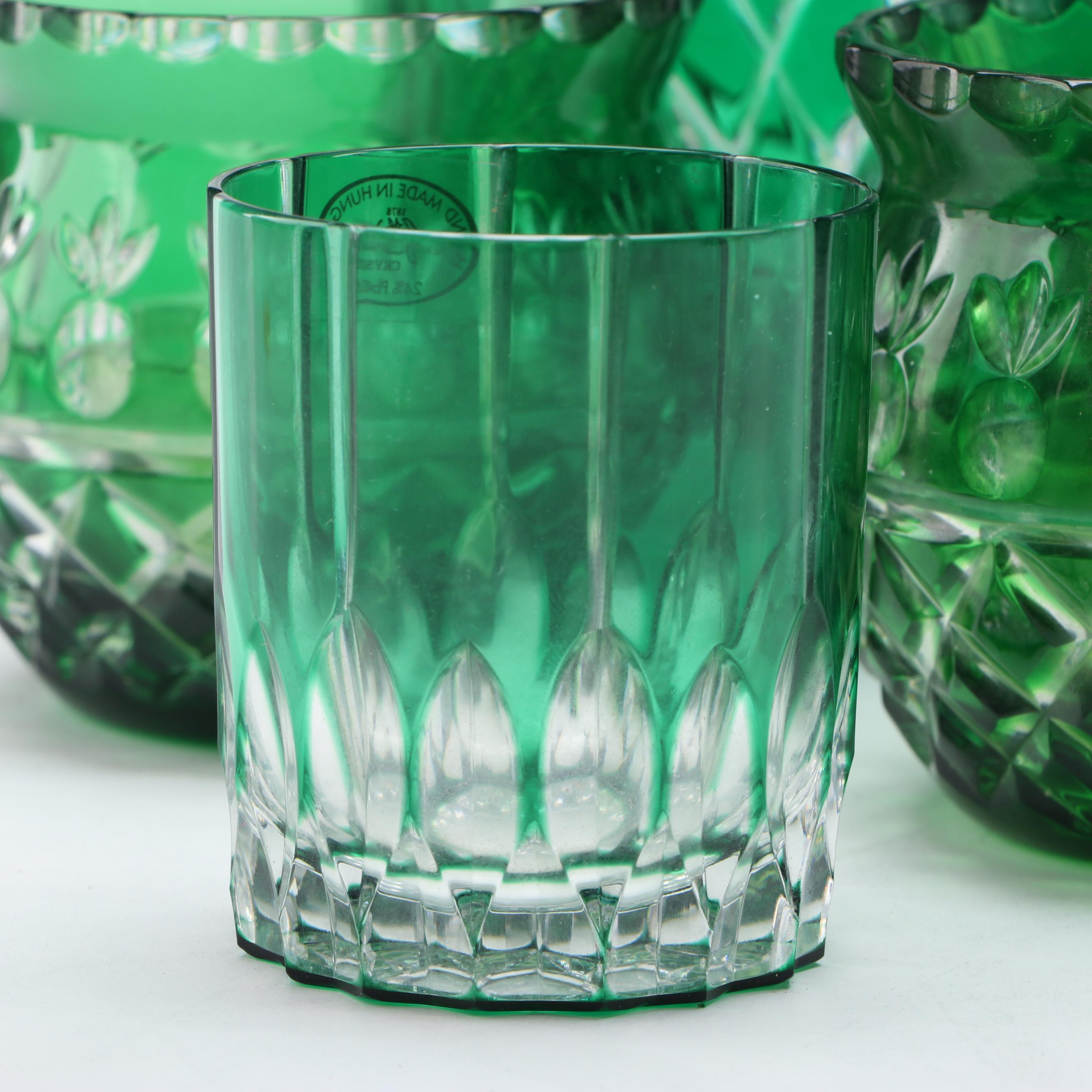 Hungarian Cut to Clear Emerald Vase with Crystal Glasses and Table Accessories