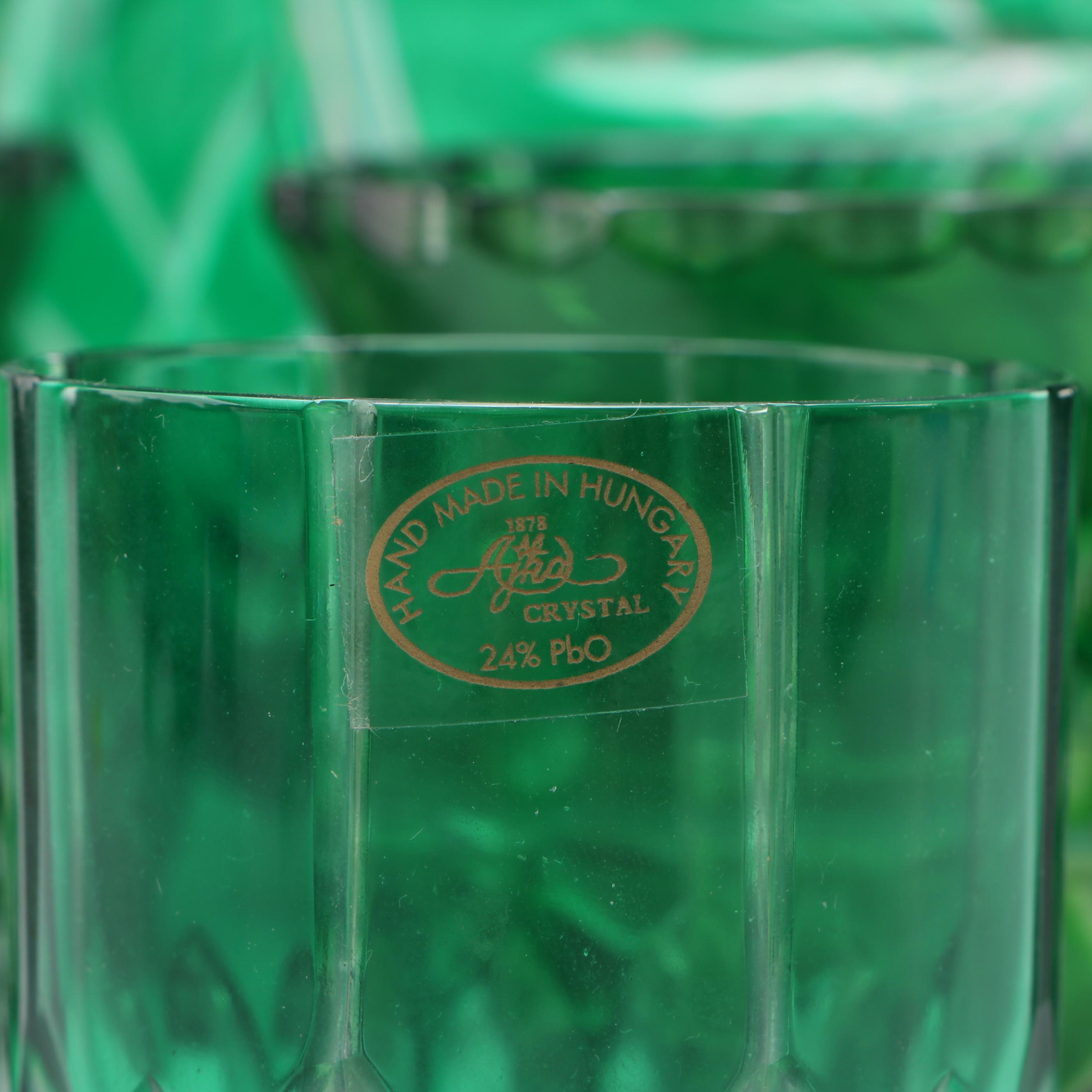 Hungarian Cut to Clear Emerald Vase with Crystal Glasses and Table Accessories