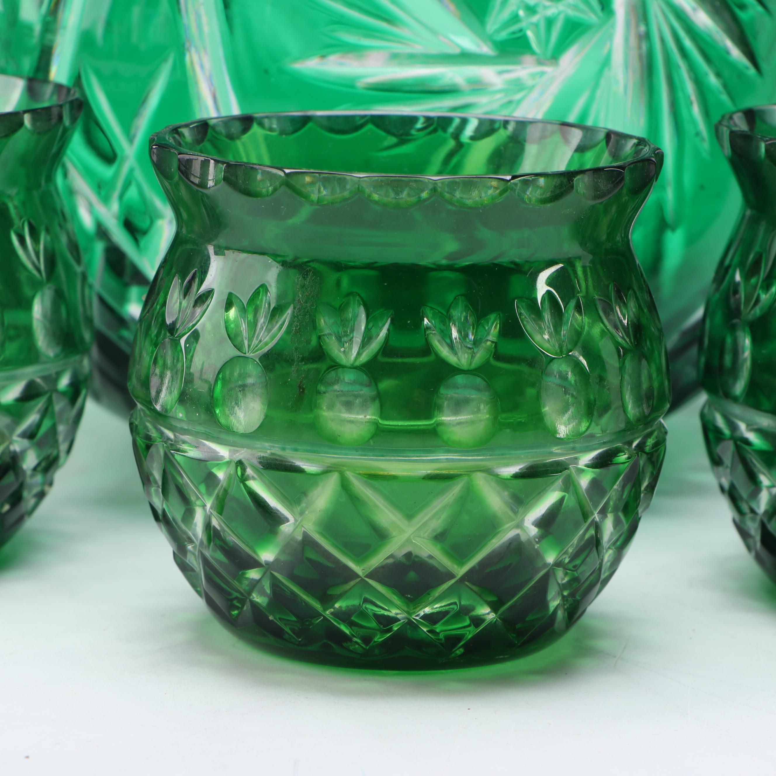 Hungarian Cut to Clear Emerald Vase with Crystal Glasses and Table Accessories