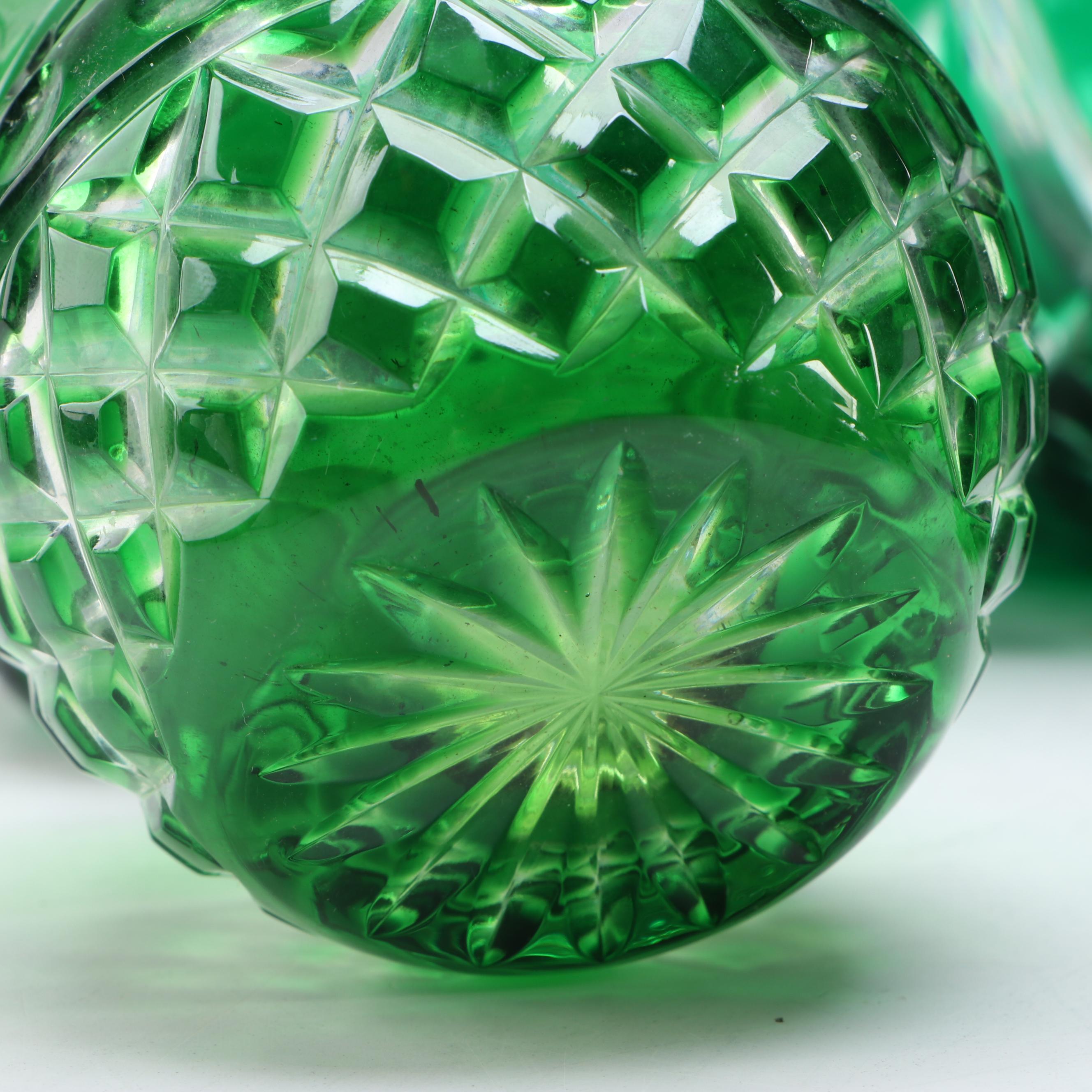 Hungarian Cut to Clear Emerald Vase with Crystal Glasses and Table Accessories