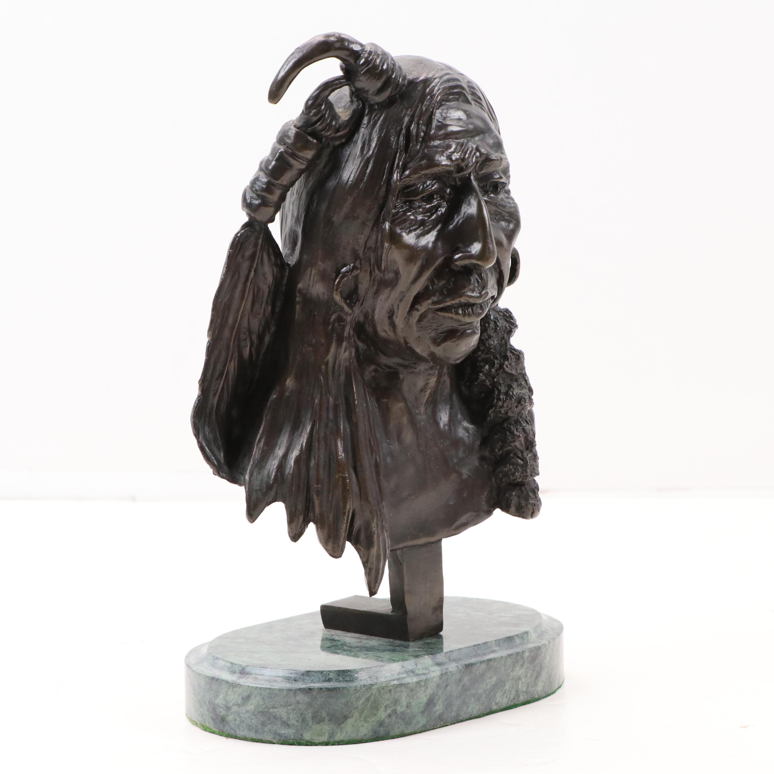 Cast Bronze Bust of Native American After Charles Marion Russell