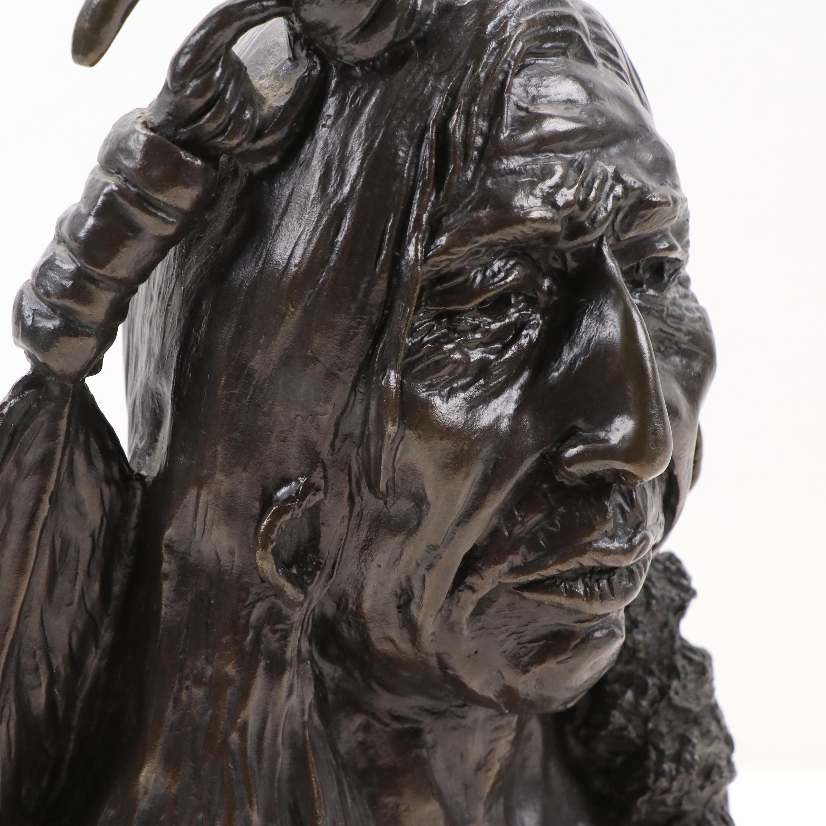 Cast Bronze Bust of Native American After Charles Marion Russell