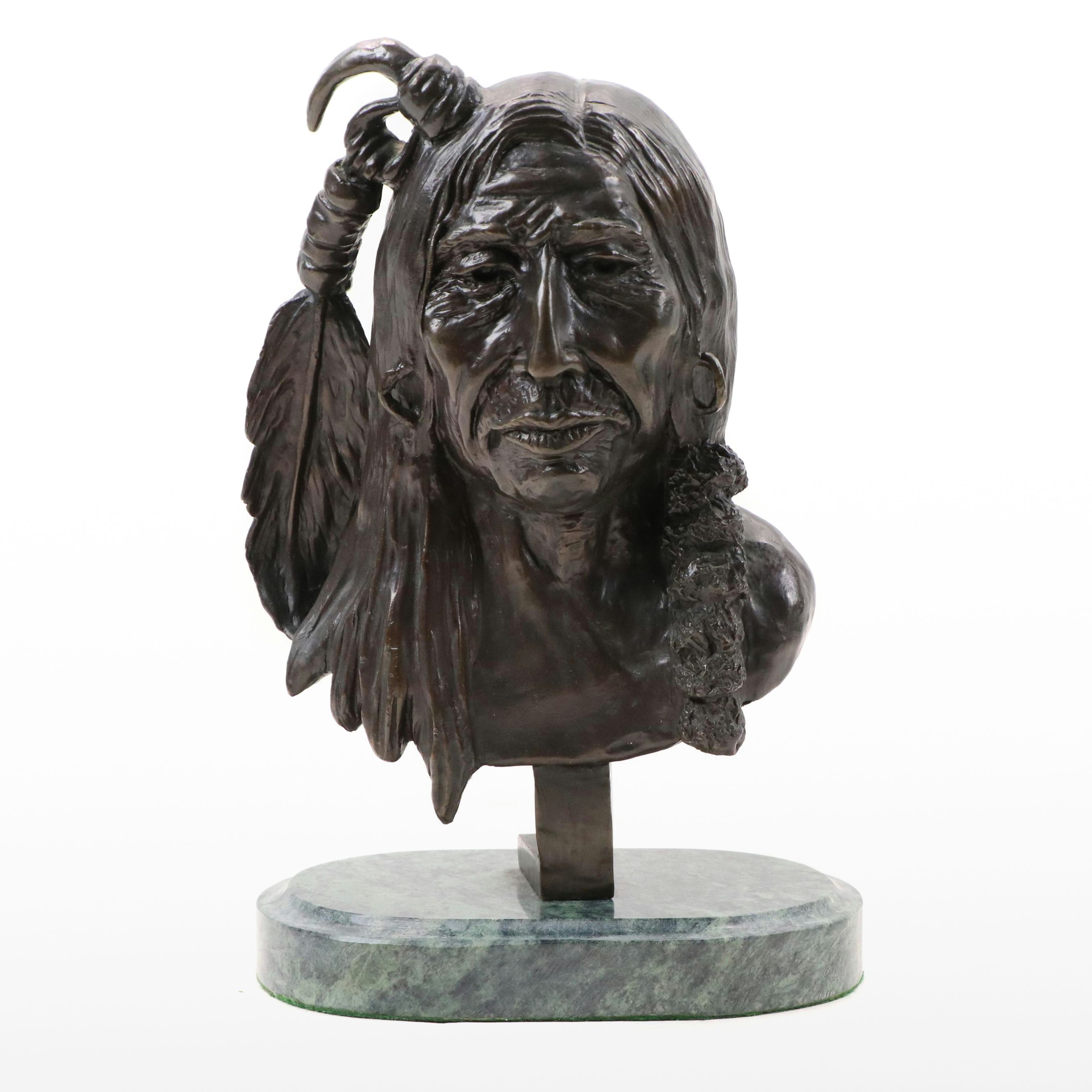 Cast Bronze Bust of Native American After Charles Marion Russell