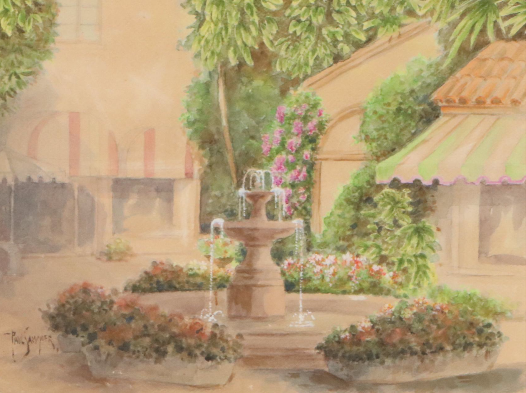 Paul Sawyier Watercolor Painting of Courtyard with Fountain