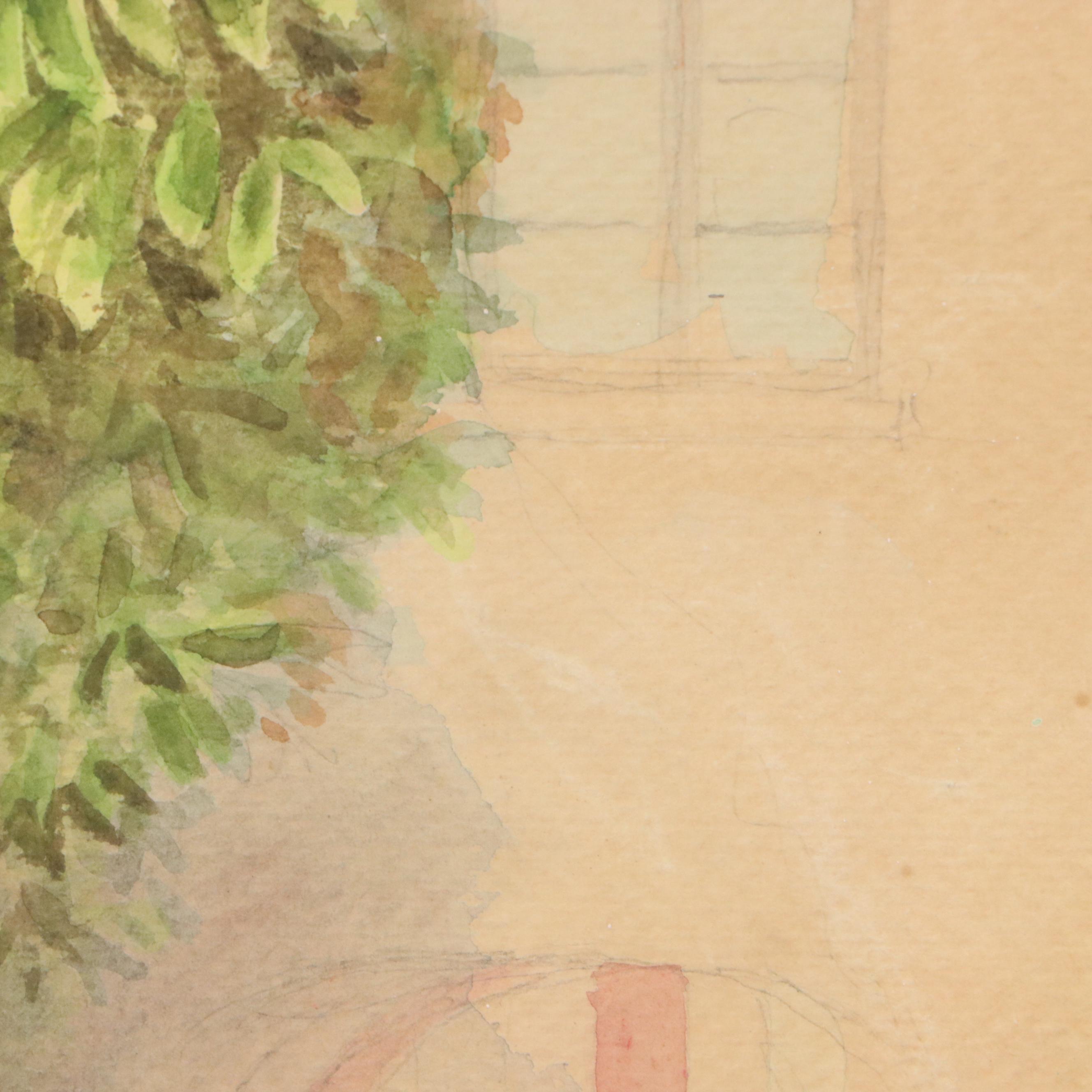 Paul Sawyier Watercolor Painting of Courtyard with Fountain