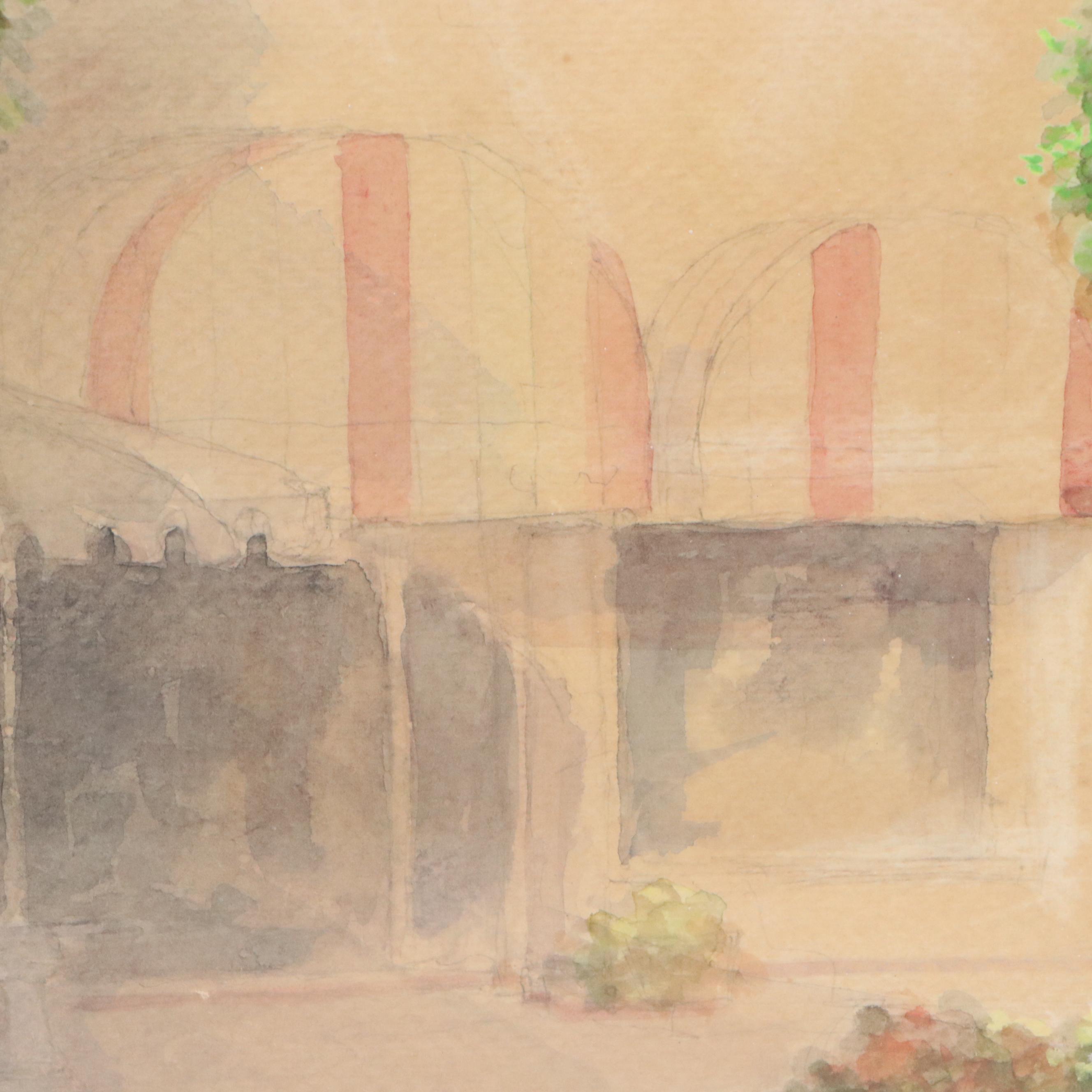 Paul Sawyier Watercolor Painting of Courtyard with Fountain