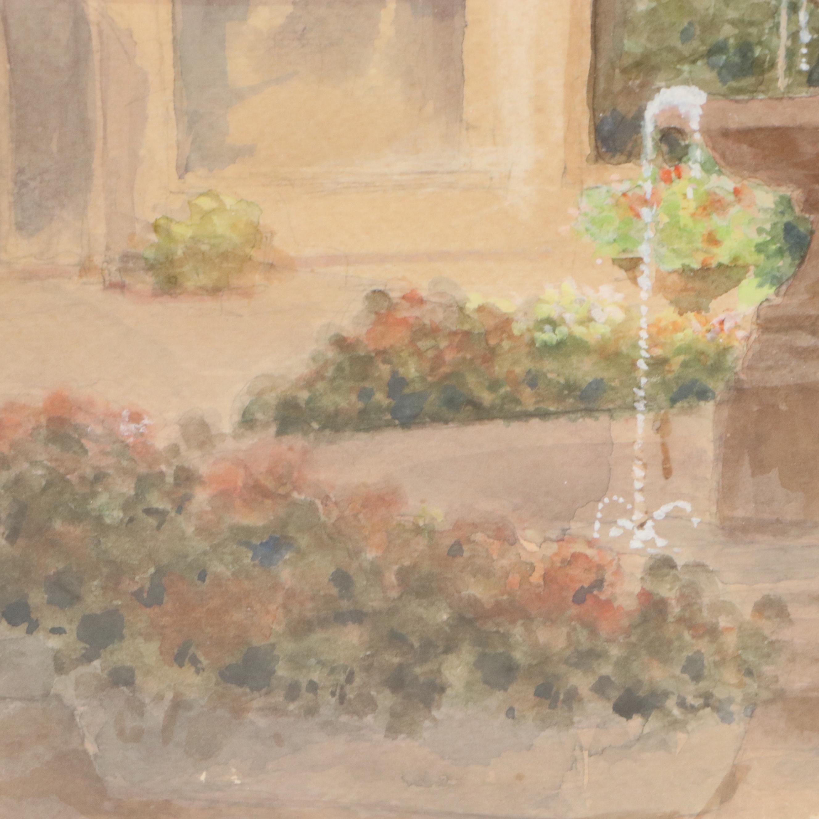 Paul Sawyier Watercolor Painting of Courtyard with Fountain