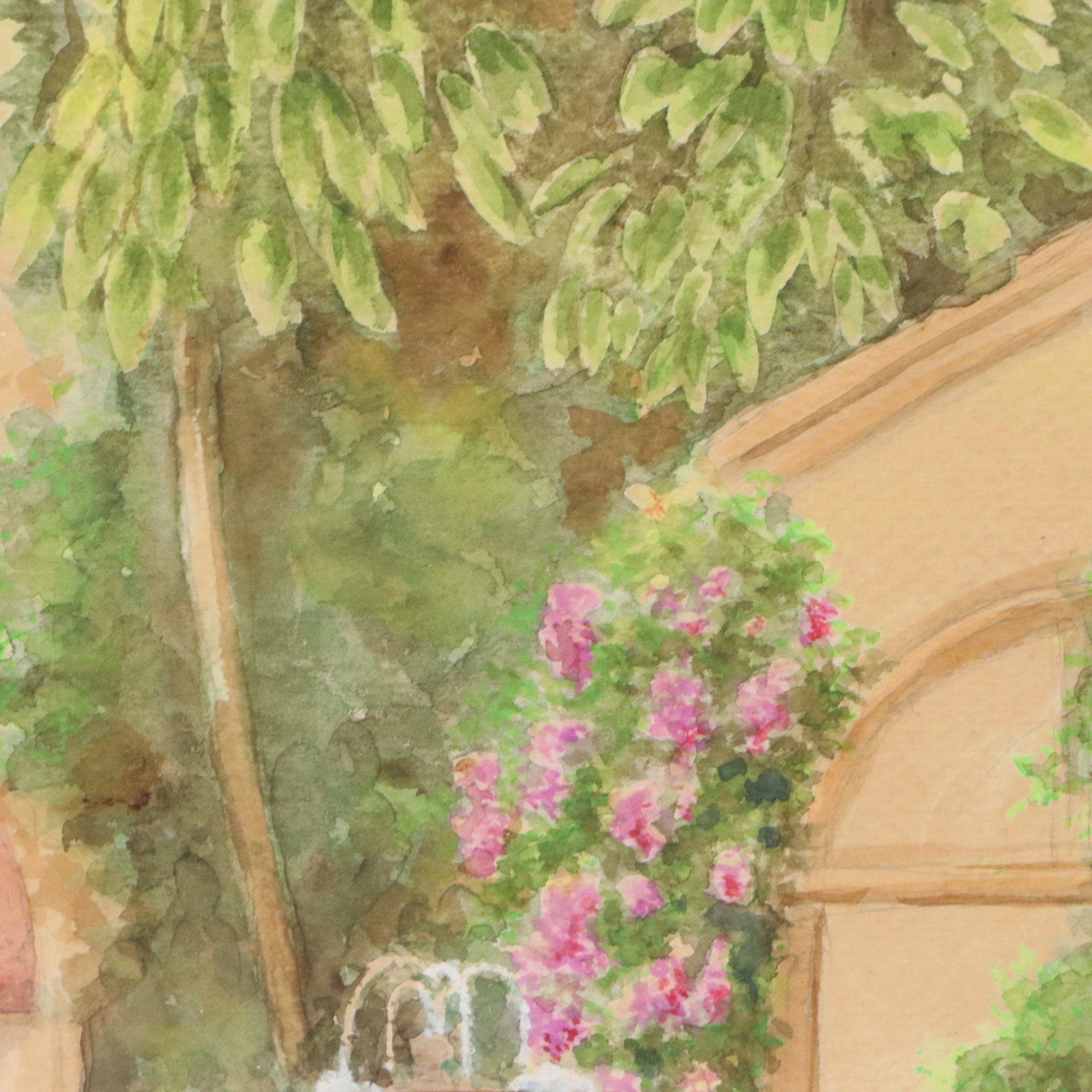 Paul Sawyier Watercolor Painting of Courtyard with Fountain