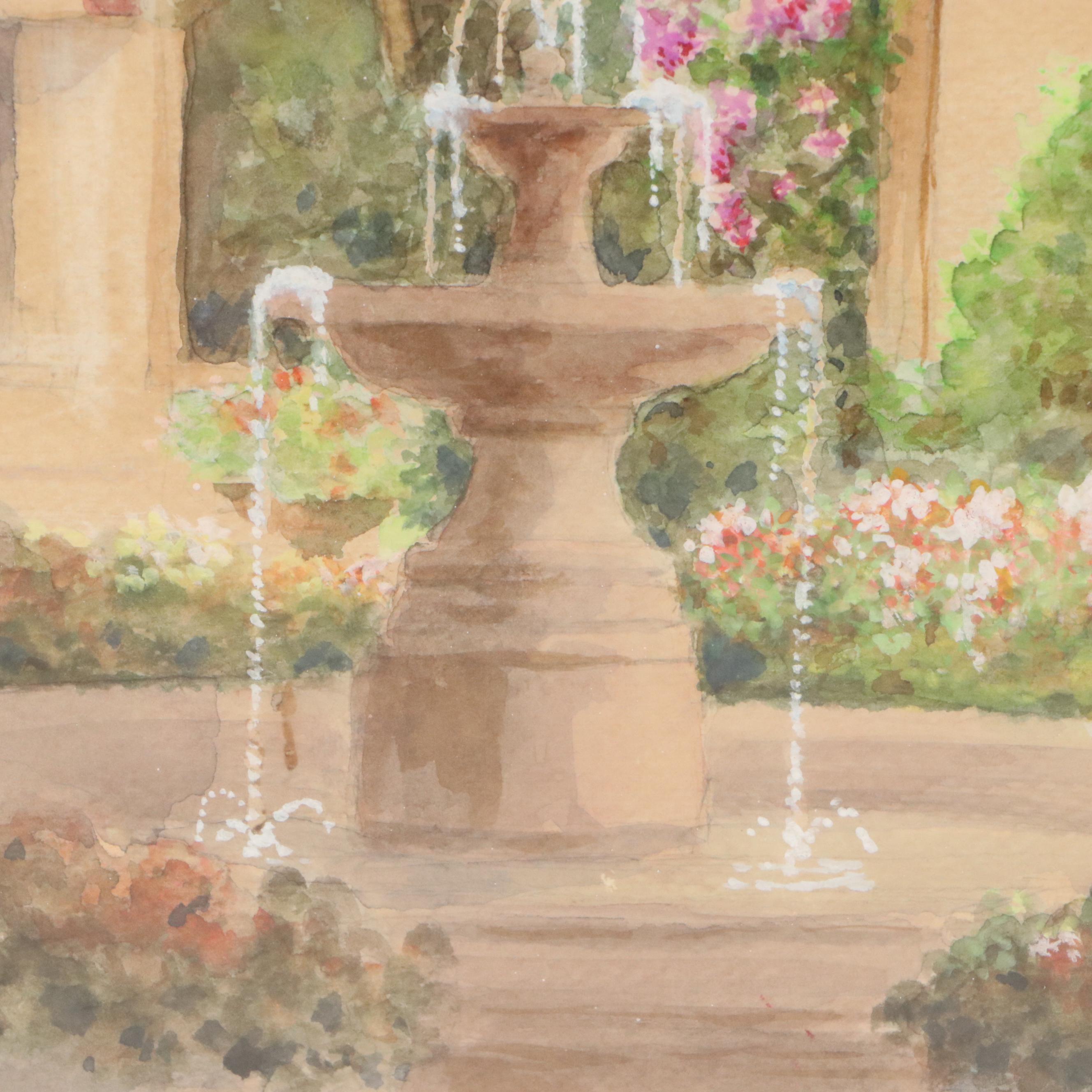 Paul Sawyier Watercolor Painting of Courtyard with Fountain