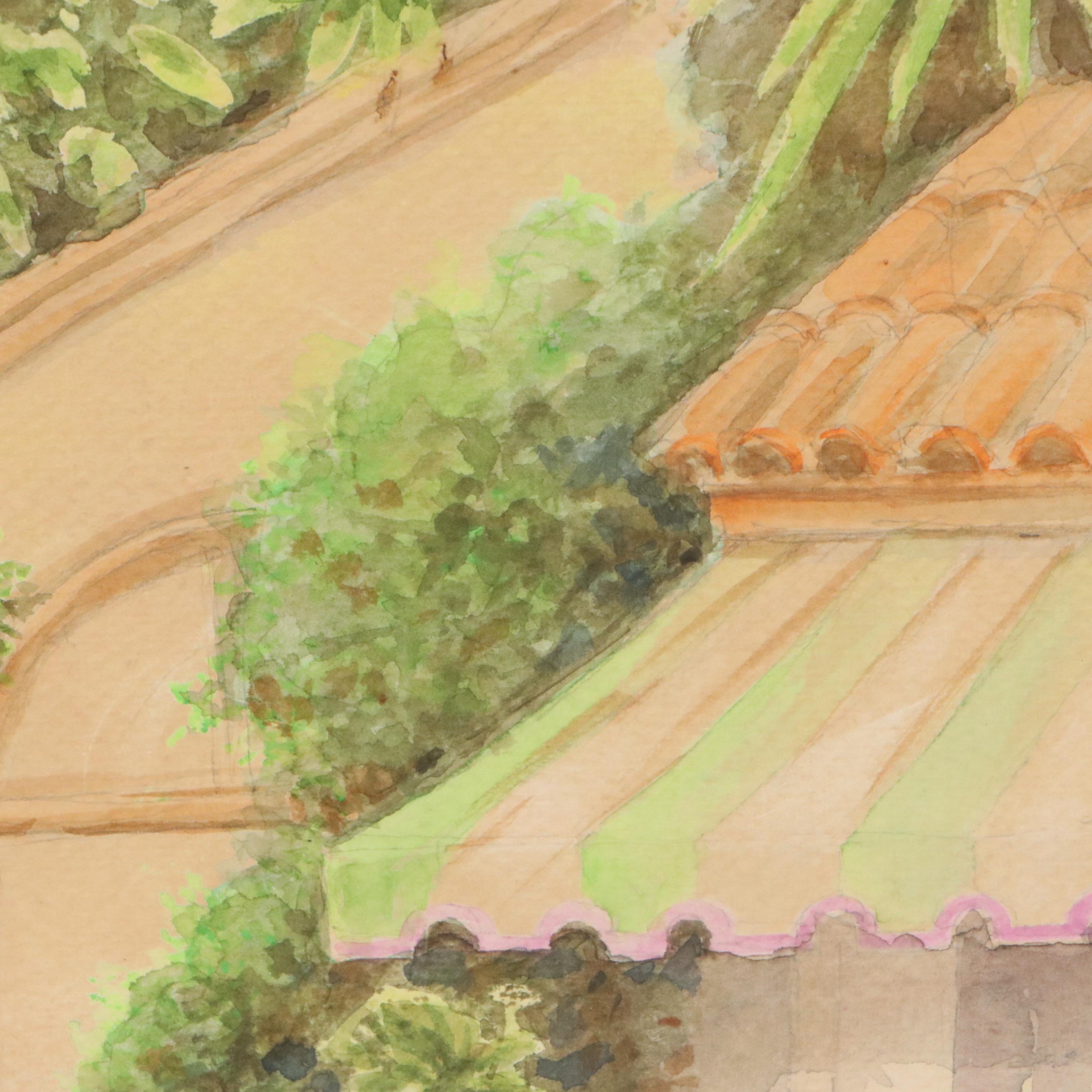 Paul Sawyier Watercolor Painting of Courtyard with Fountain