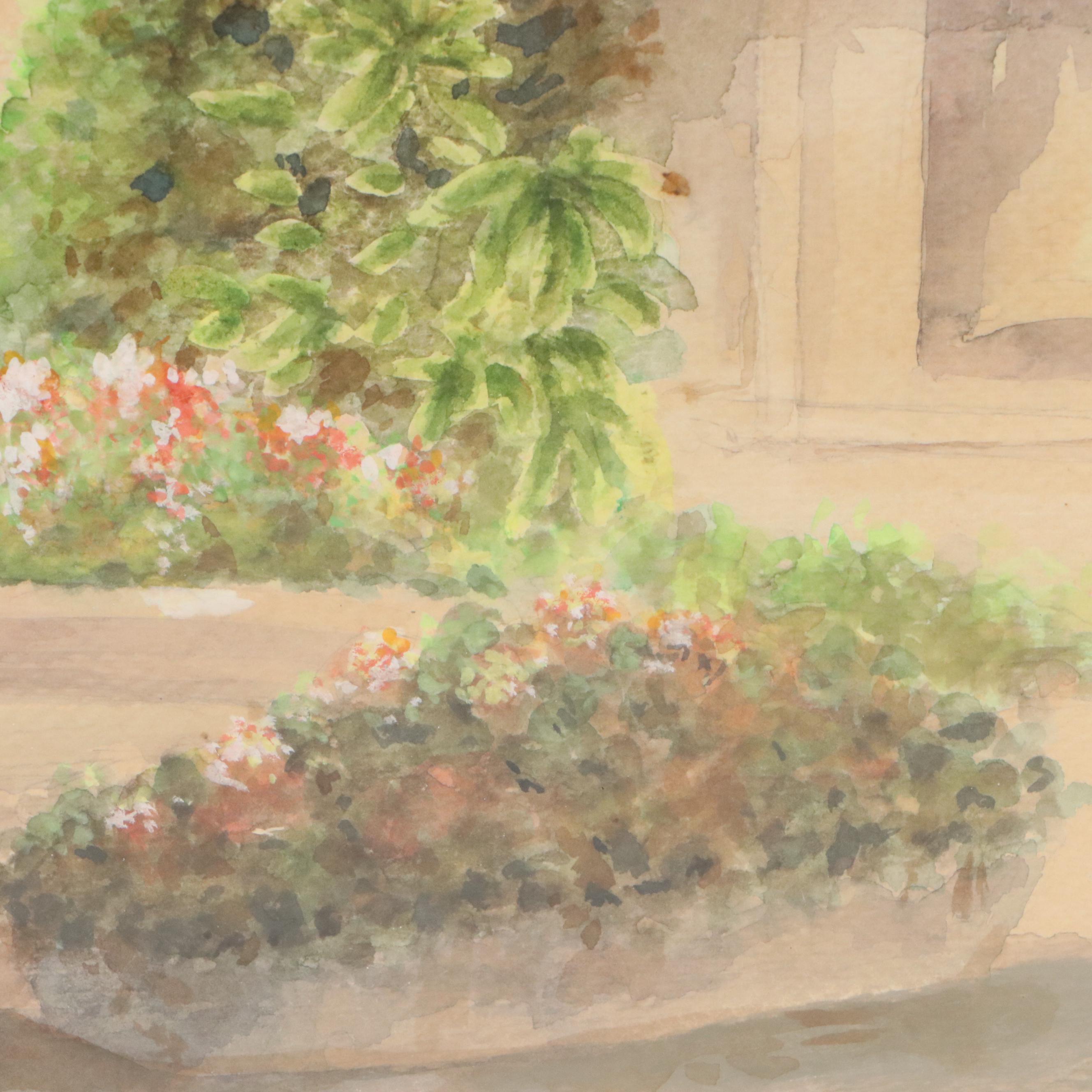 Paul Sawyier Watercolor Painting of Courtyard with Fountain