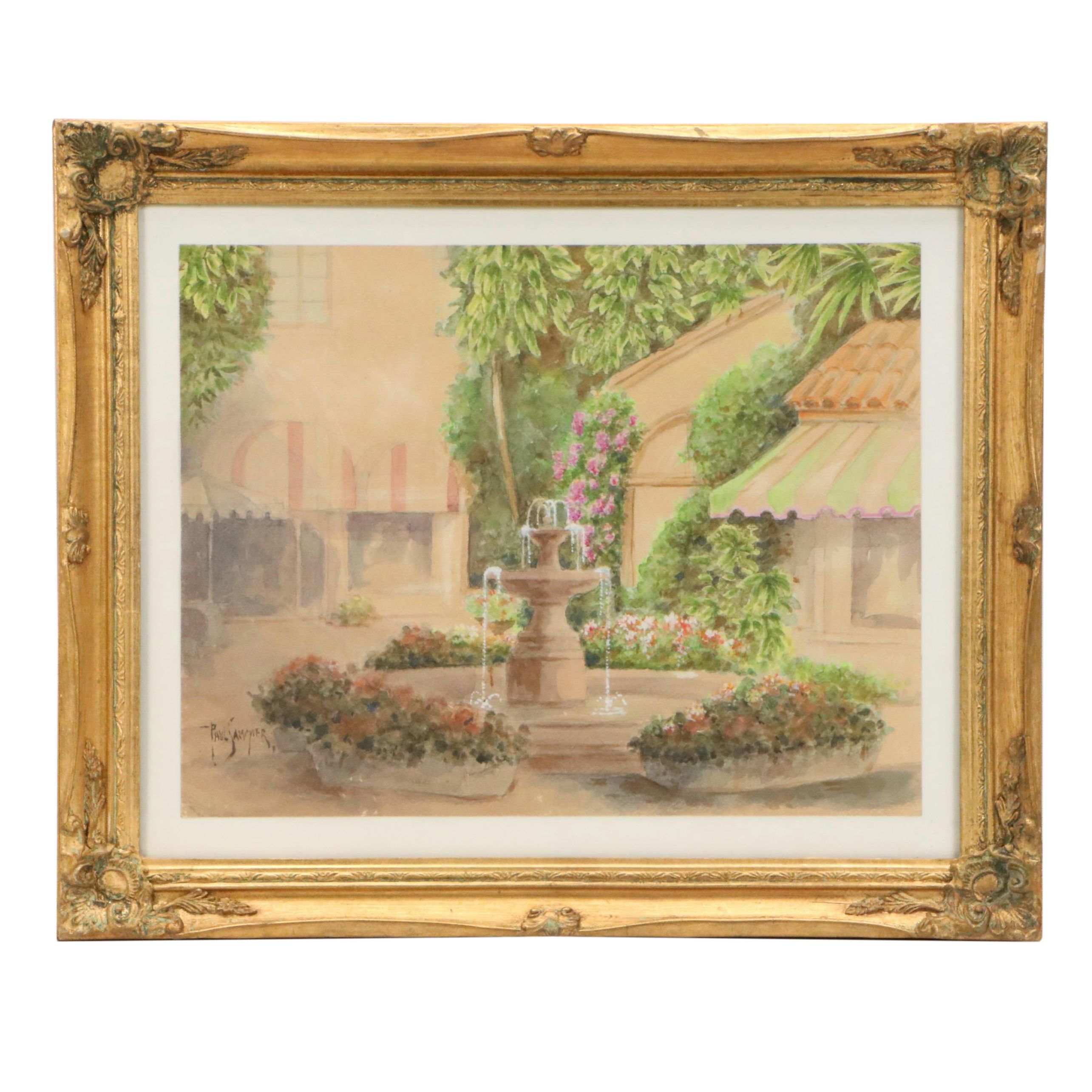 Paul Sawyier Watercolor Painting of Courtyard with Fountain
