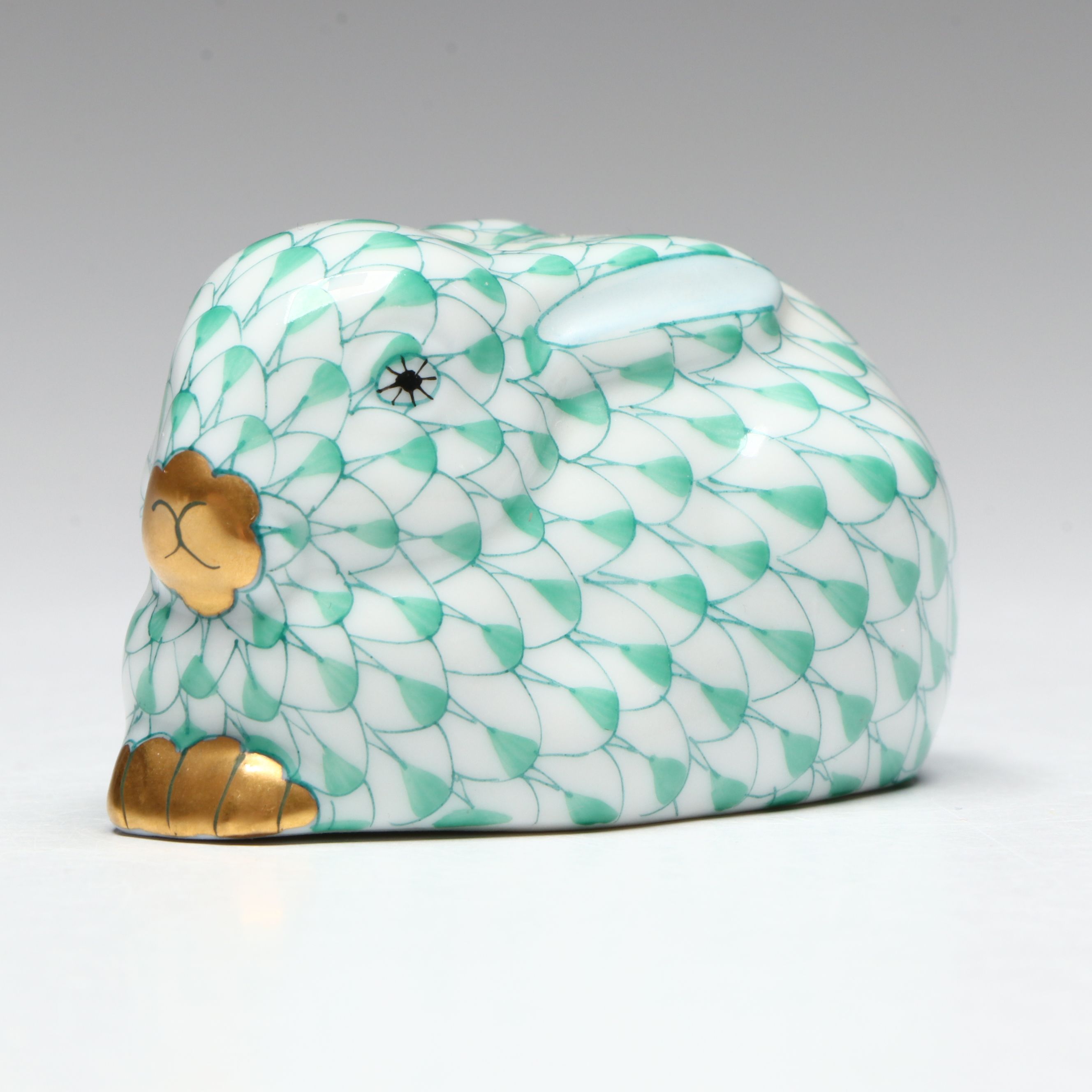 Herend Green Fishnet and Gold "Lying Rabbit" Porcelain Figurine