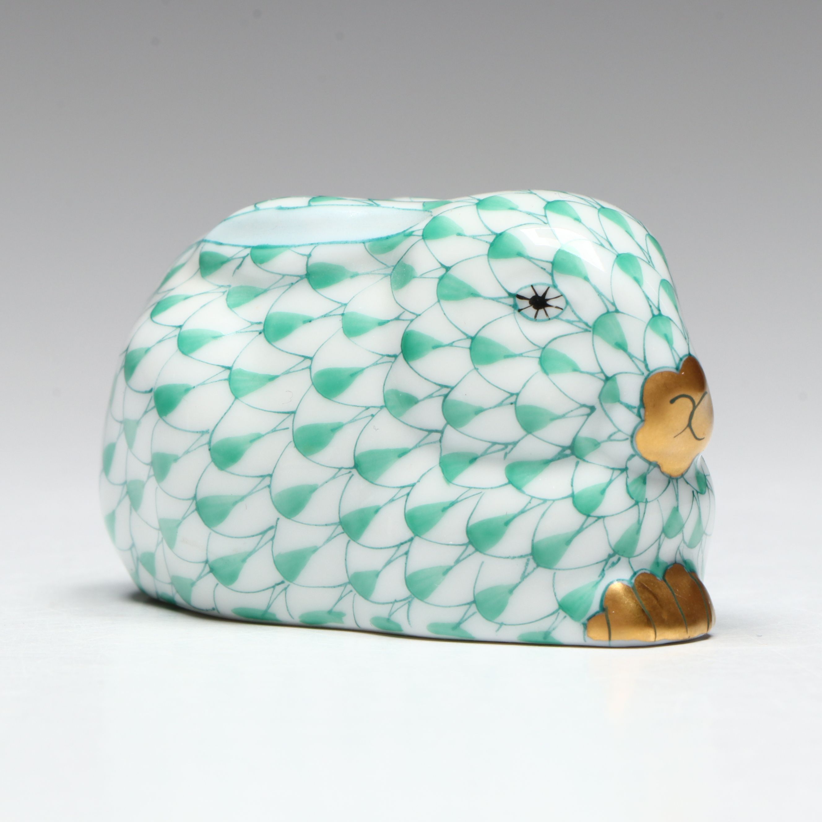 Herend Green Fishnet and Gold "Lying Rabbit" Porcelain Figurine