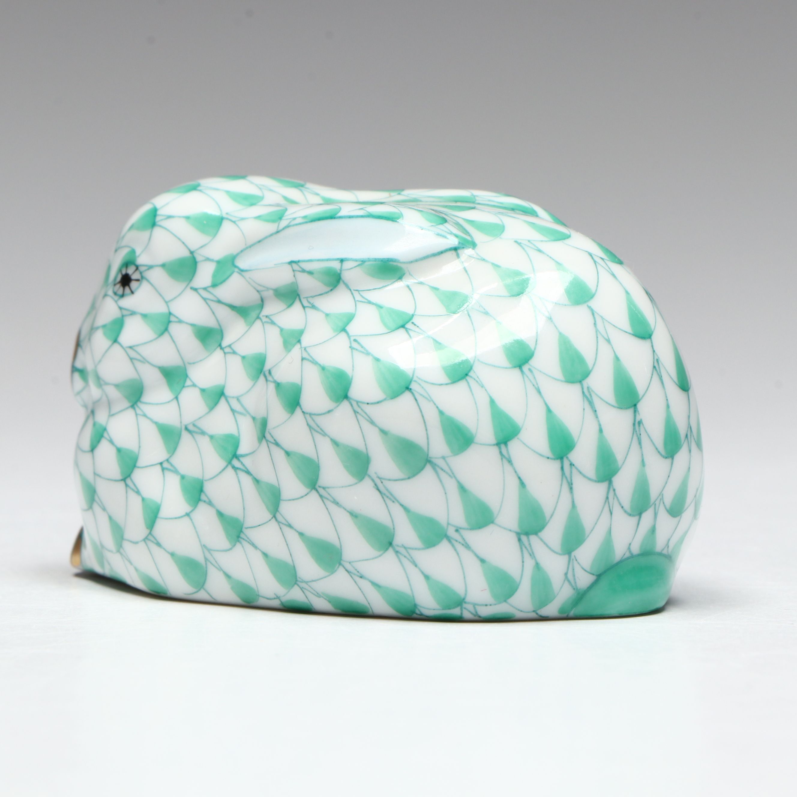 Herend Green Fishnet and Gold "Lying Rabbit" Porcelain Figurine