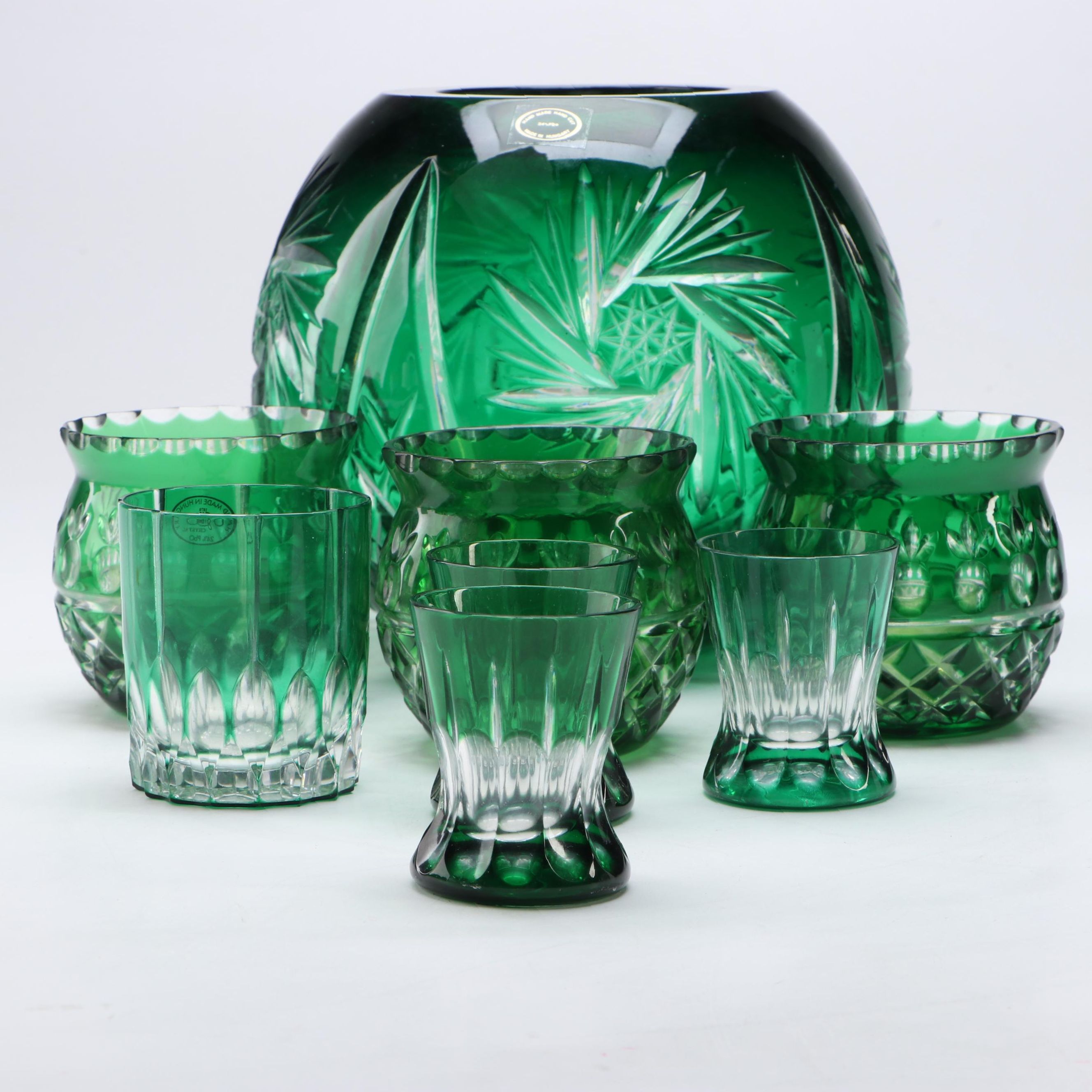 Hungarian Cut to Clear Emerald Vase with Crystal Glasses and Table Accessories
