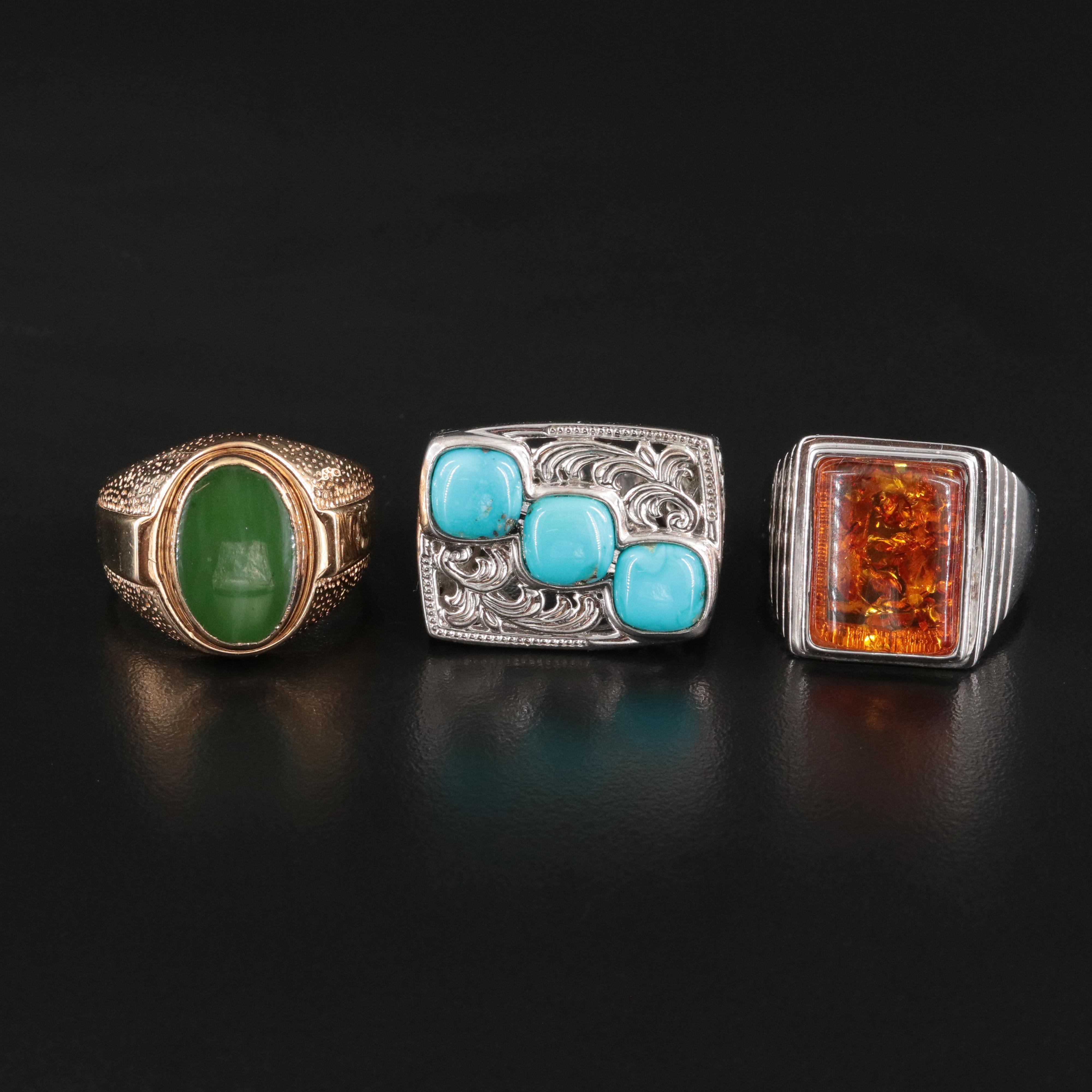 Sterling Amber, Nephrite and Turquoise Ring Trio