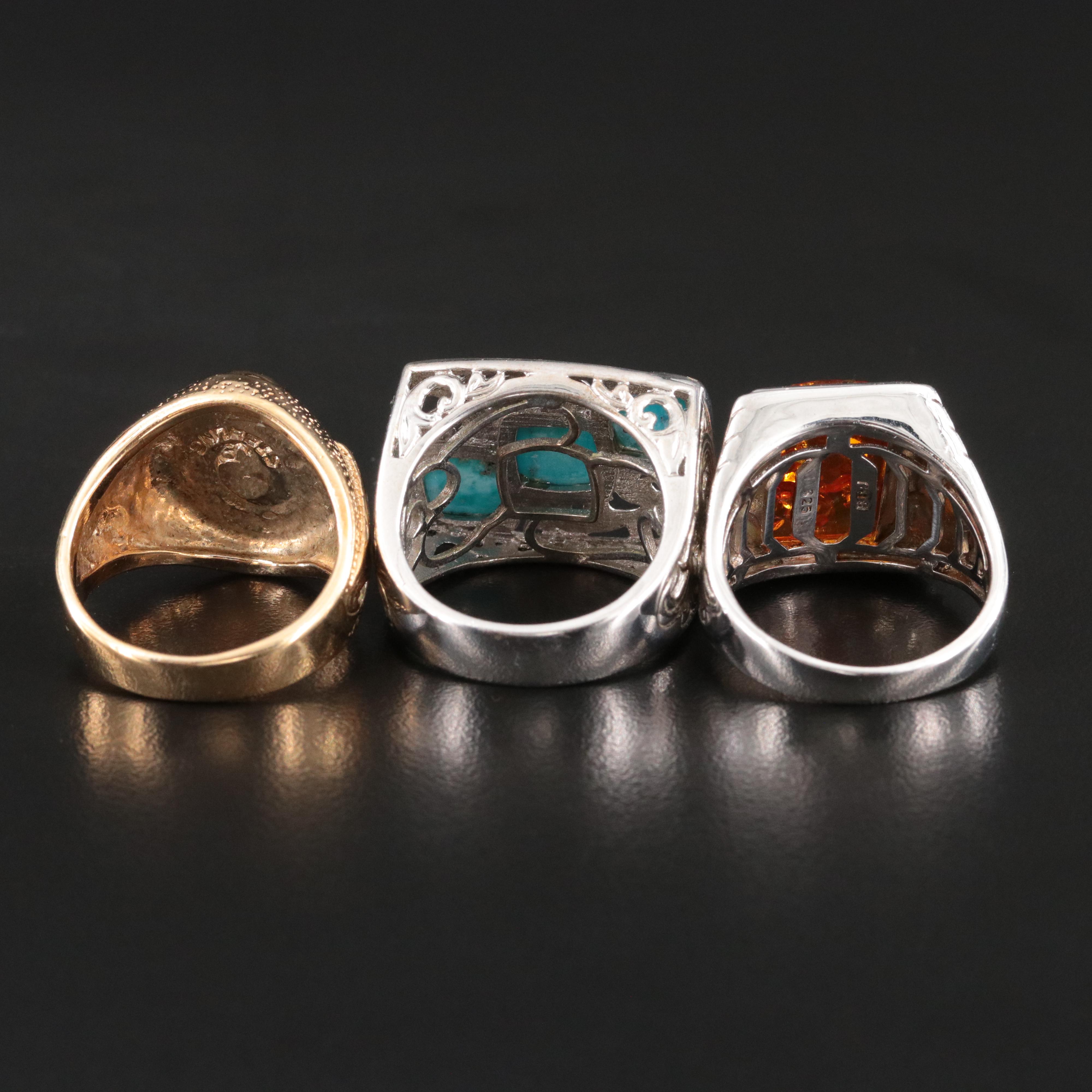 Sterling Amber, Nephrite and Turquoise Ring Trio