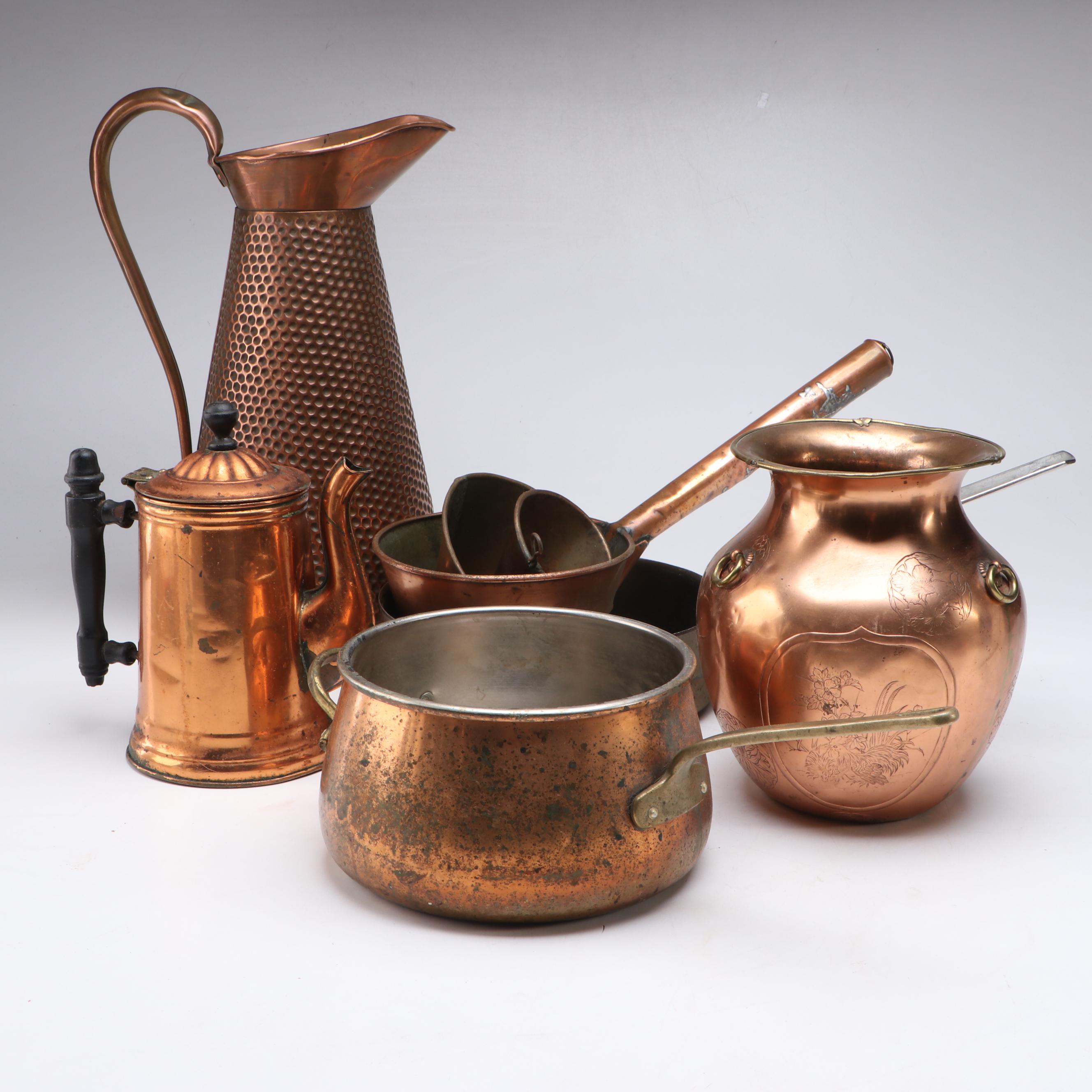 Arts & Crafts Style Hammered Copper Jug with Other Kitchenware