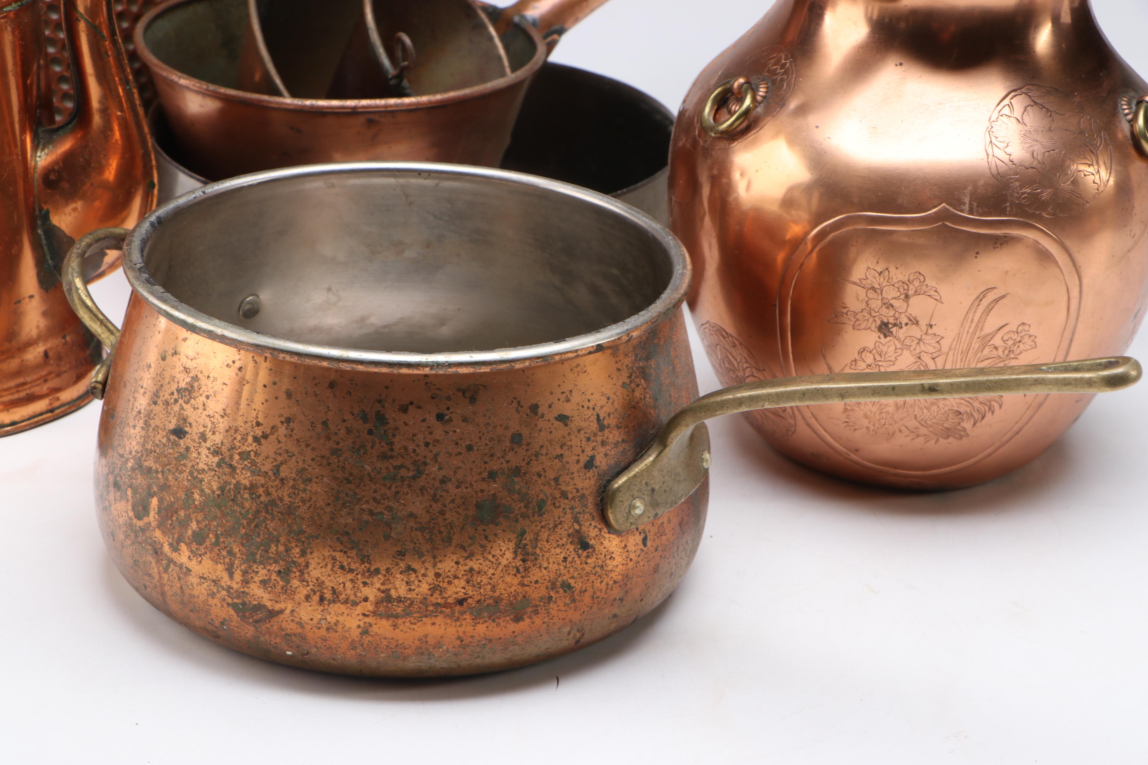 Arts & Crafts Style Hammered Copper Jug with Other Kitchenware