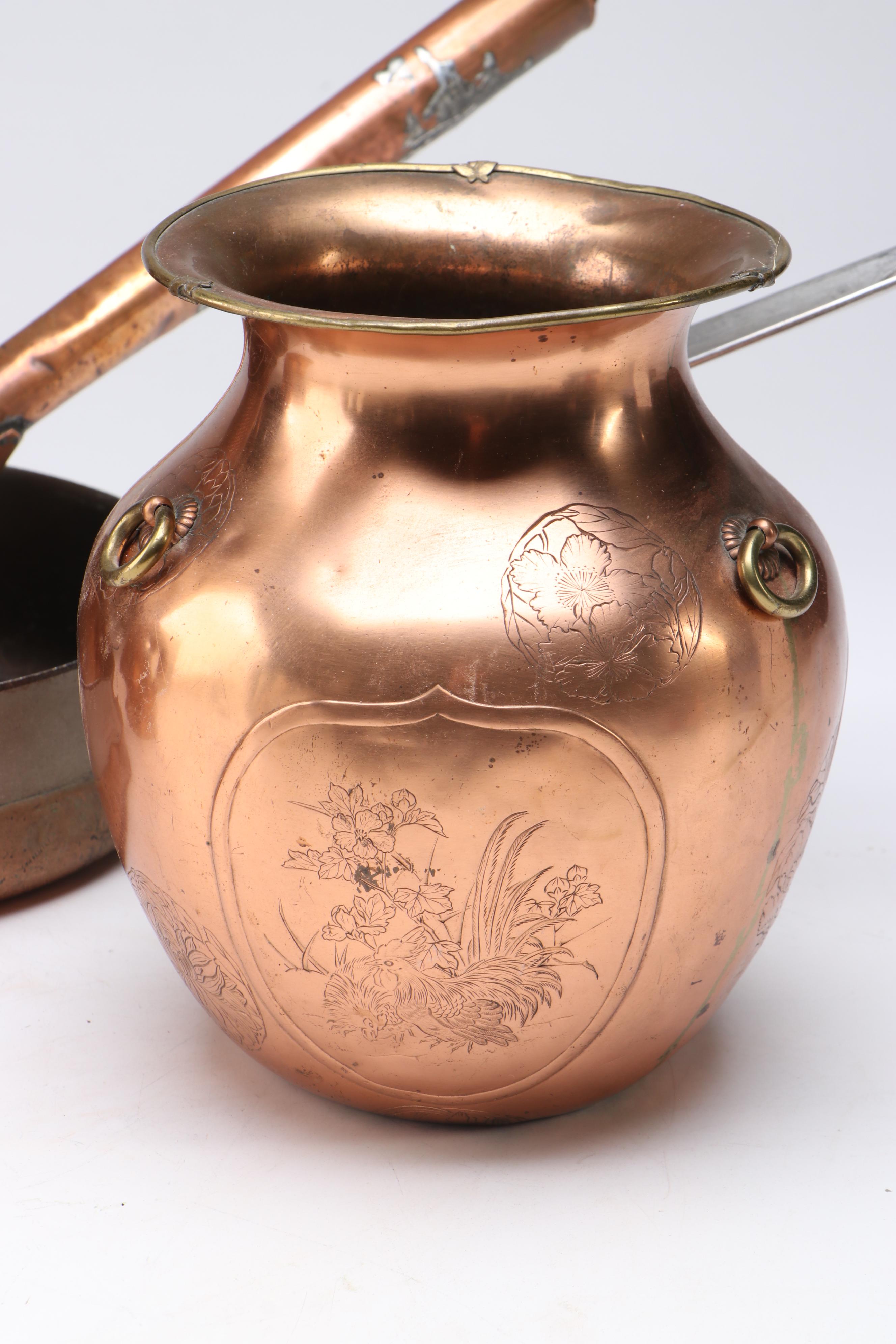 Arts & Crafts Style Hammered Copper Jug with Other Kitchenware