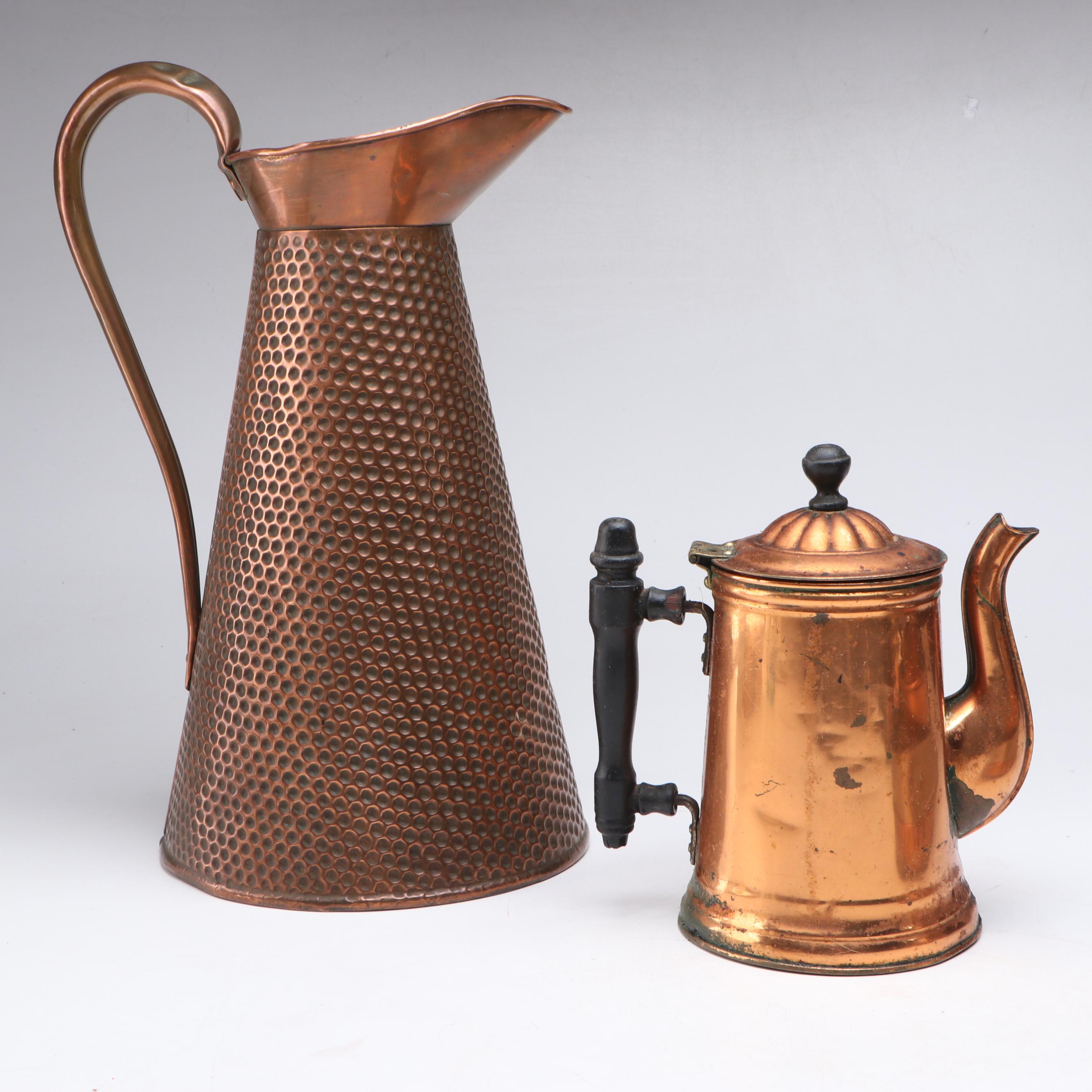 Arts & Crafts Style Hammered Copper Jug with Other Kitchenware