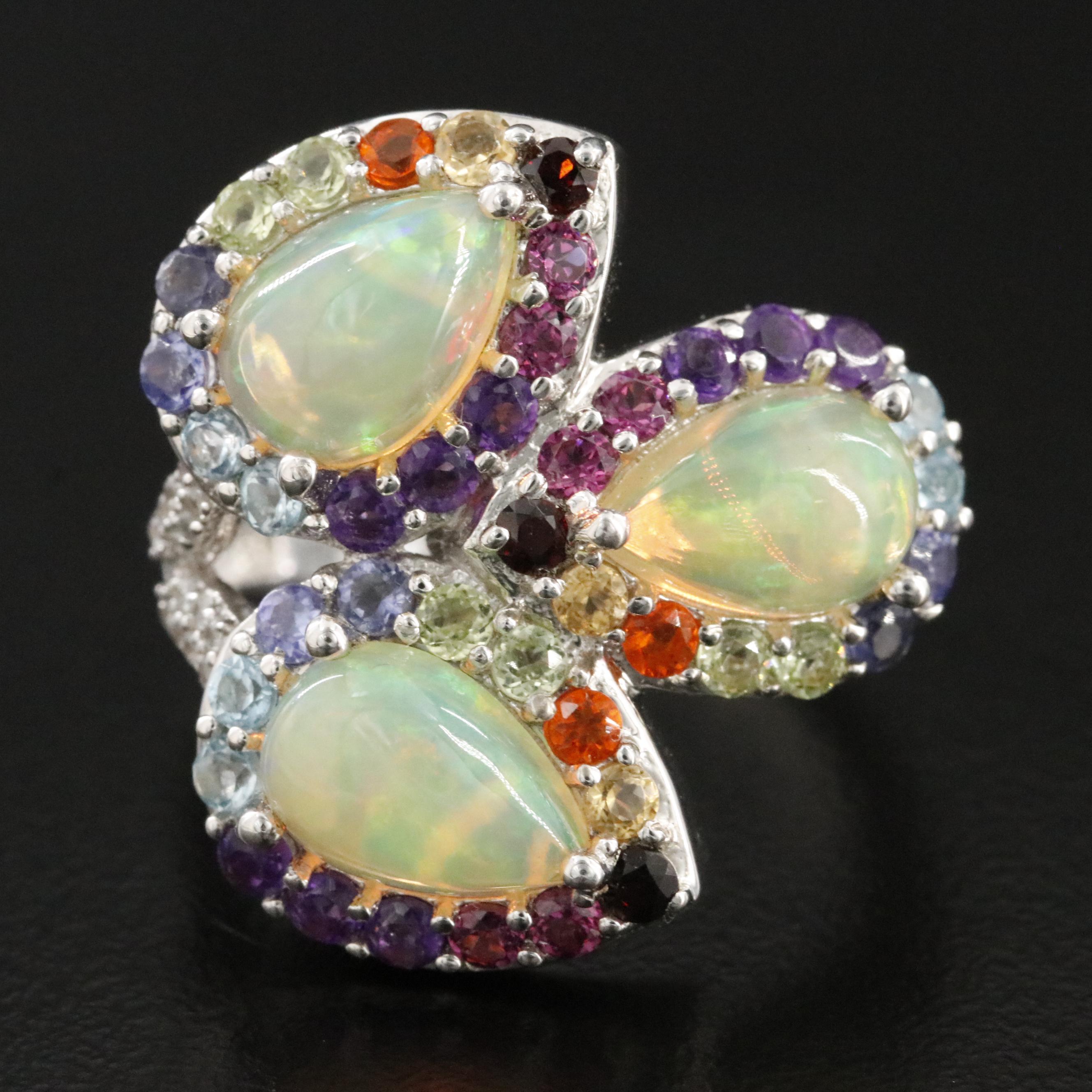 Sterling Ring Featuring Opal, Tourmaline, and Amethyst
